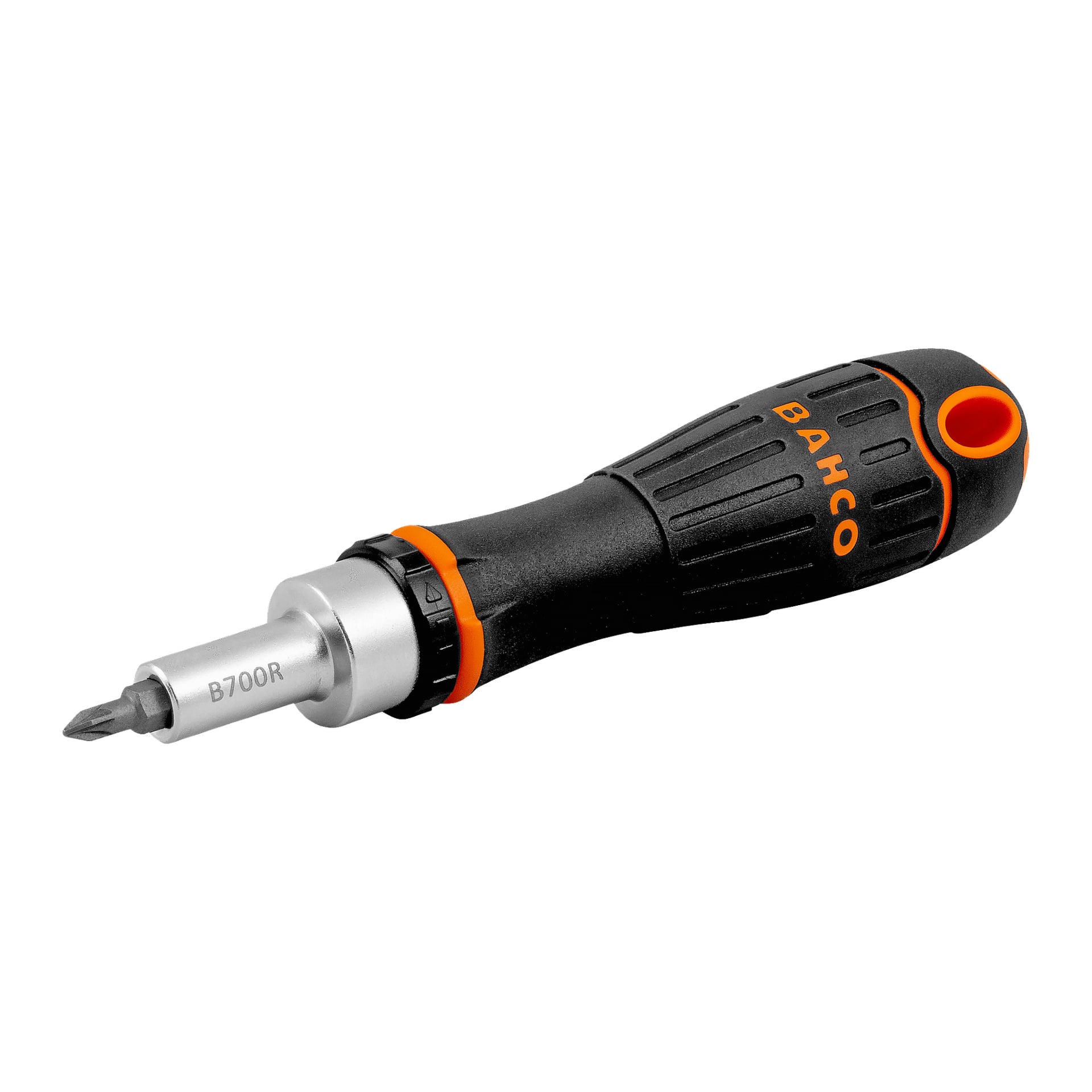 En svart och orange Bahco Bit set 36-delad skruvmejsel har ett texturerat handtag och en avtagbar metallbit, märkt B700R.