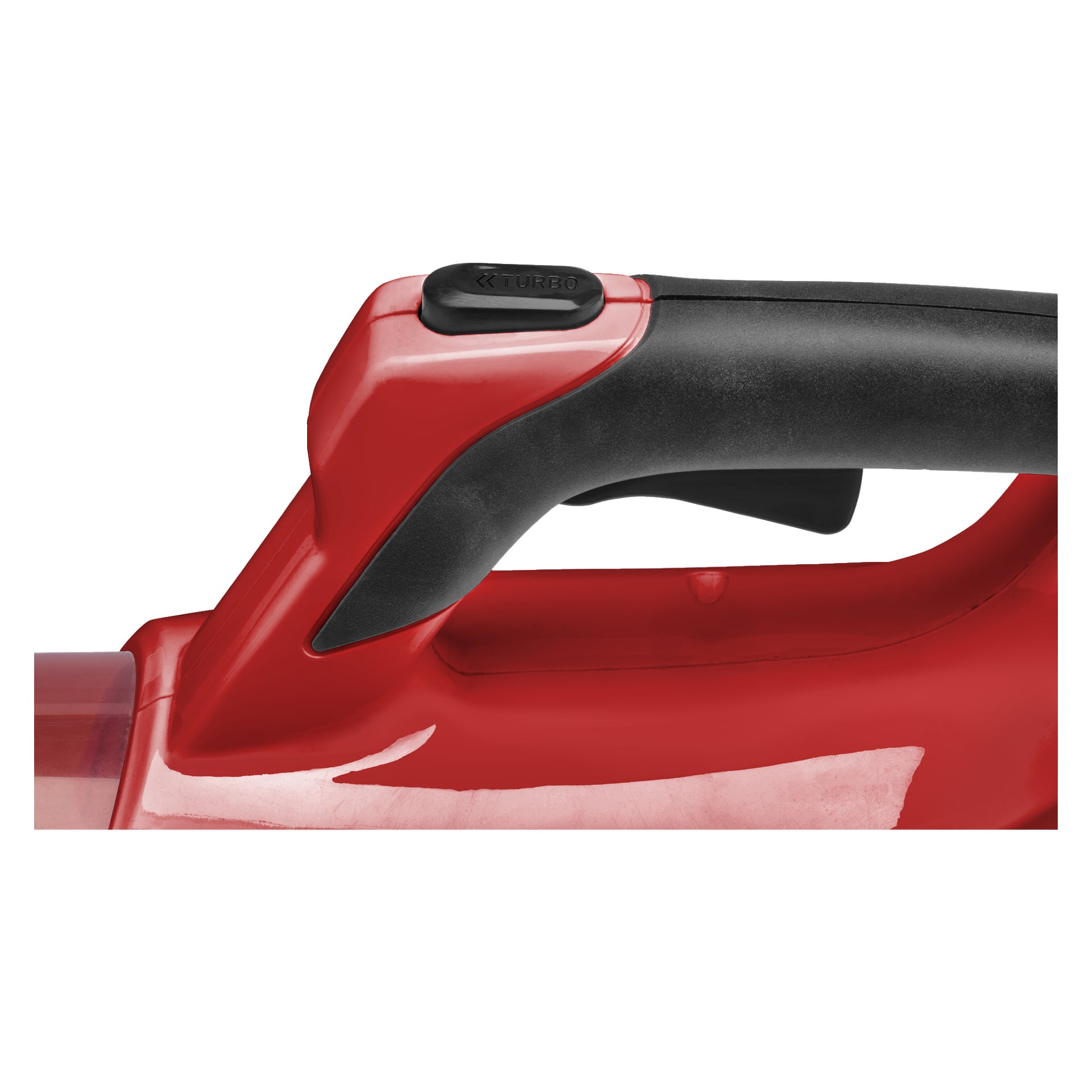 Nærbilde av det røde og svarte håndtaket på en Meec Tools Multiseries 40 V batteridrevet løvblåser, som viser en blank plastfinish, en svart knapp merket TURBO, og en svart avtrekker plassert under håndtaket.