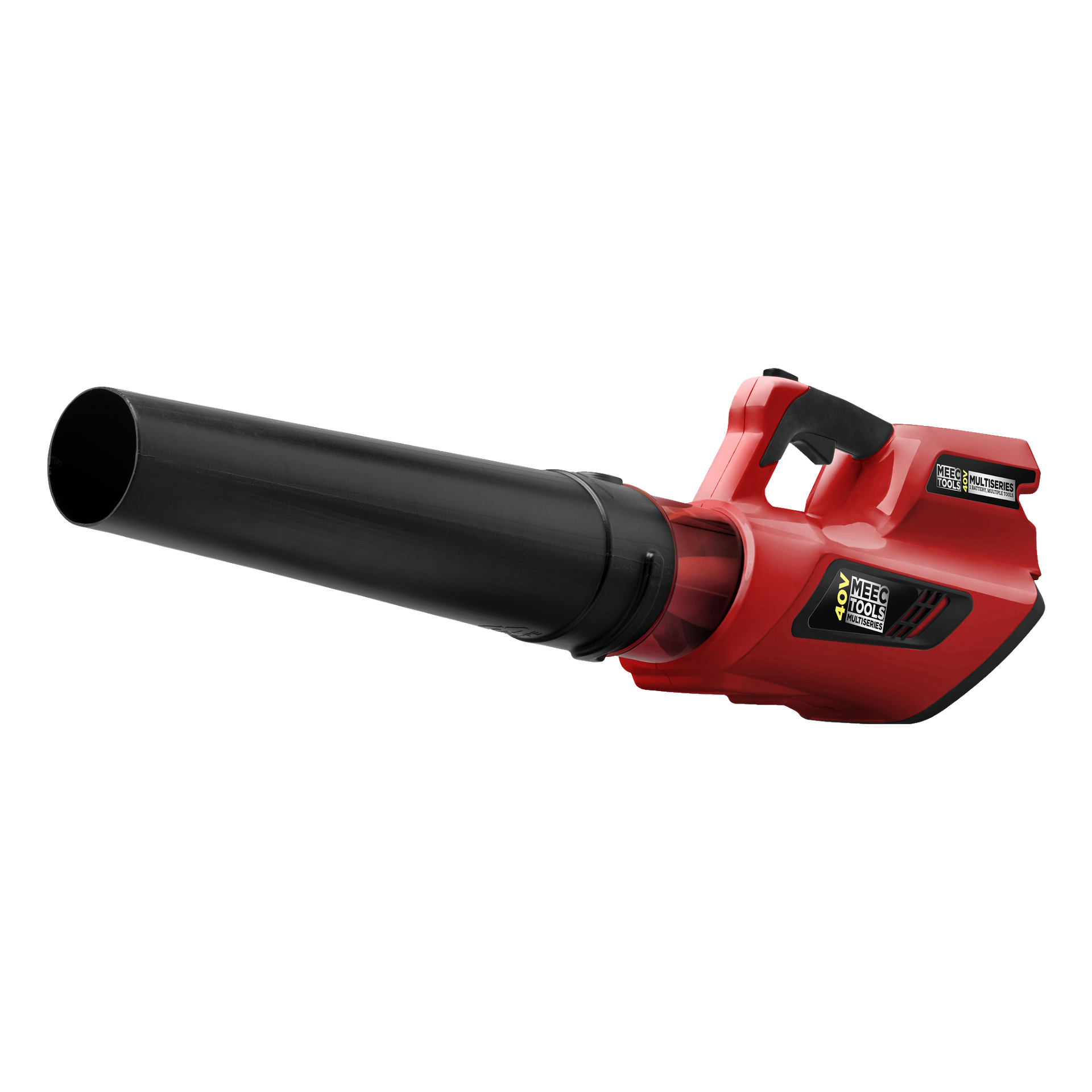 En rød og svart Meec Tools Multiseries 40 V trådløs løvblåser med en lang svart dyse, et lett å holde på topphåndtaket og en tydelig merket Meec Tools-etikett på siden.