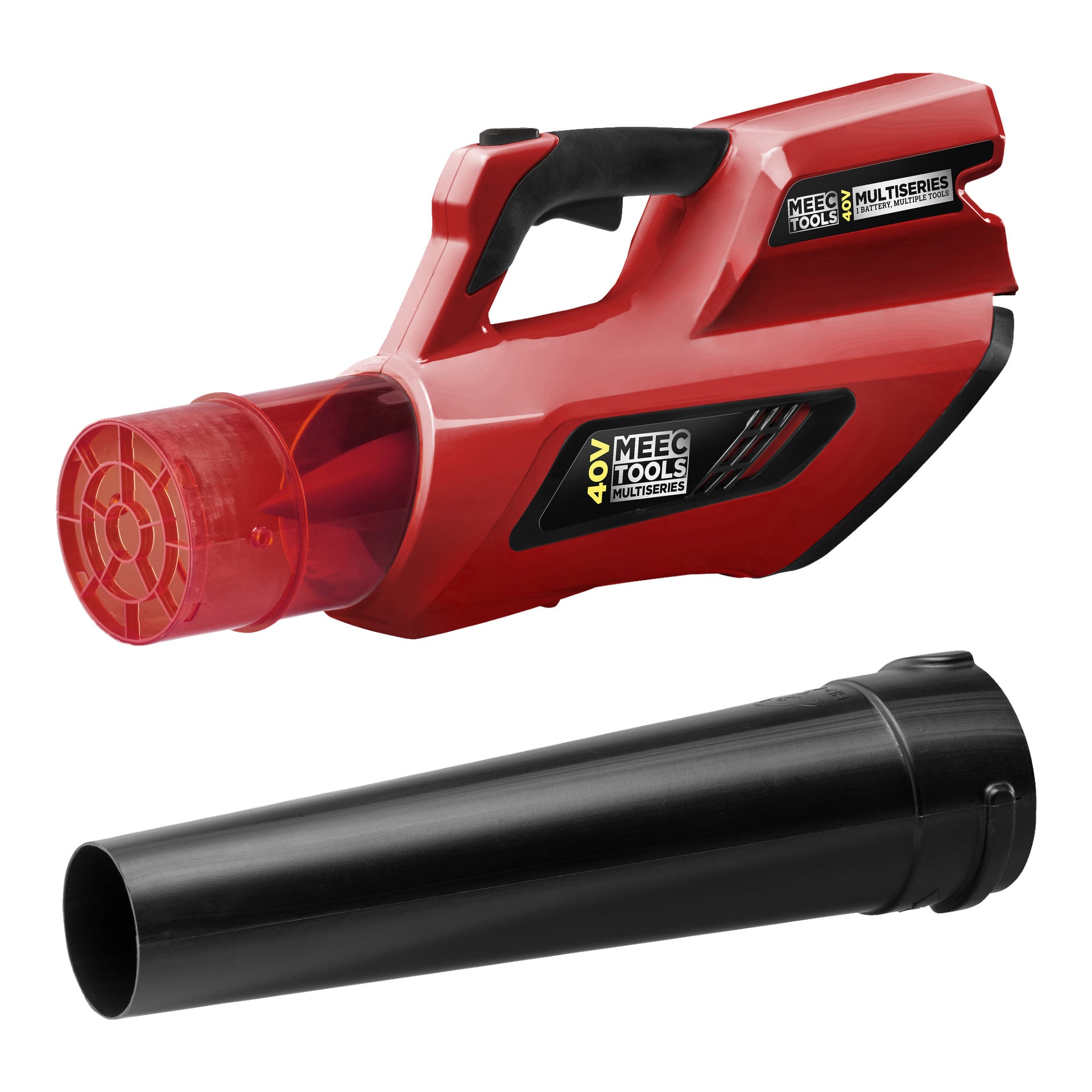 En batteridrevet løvblåser fra Meec Tools Multiseries 40 V med rød og svart kropp og en avtakbar svart dyse.