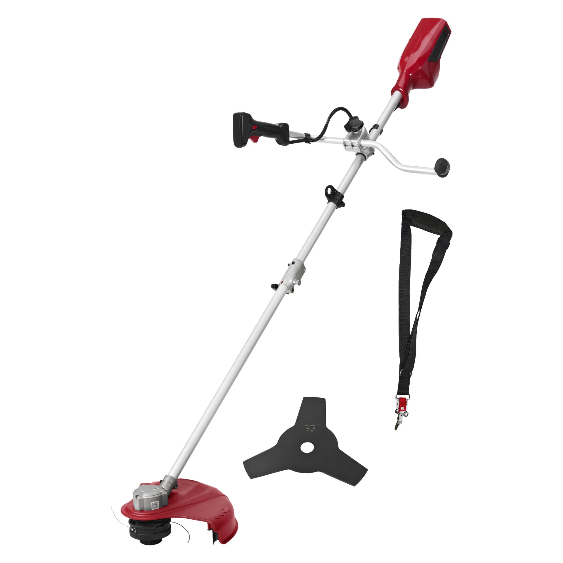 En röd och silverfärgad Meec Tools Multiseries 40 V sladdlös borstskärare med svart styre, avtagbar axelrem och ett separat trebladigt skärtillbehör.