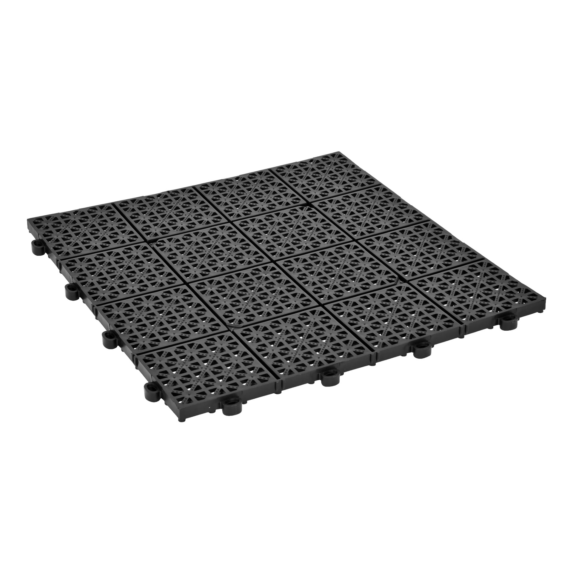 Ein Set aus 11 schwarzen modularen Kunststoffbodenfliesen mit geometrischem Rastermuster und erhöhten Verbindern an den Seiten, die es ermöglichen, sie leicht zusammenzusetzen und flexible Abdeckungen in verschiedenen Bereichen zu gewährleisten.