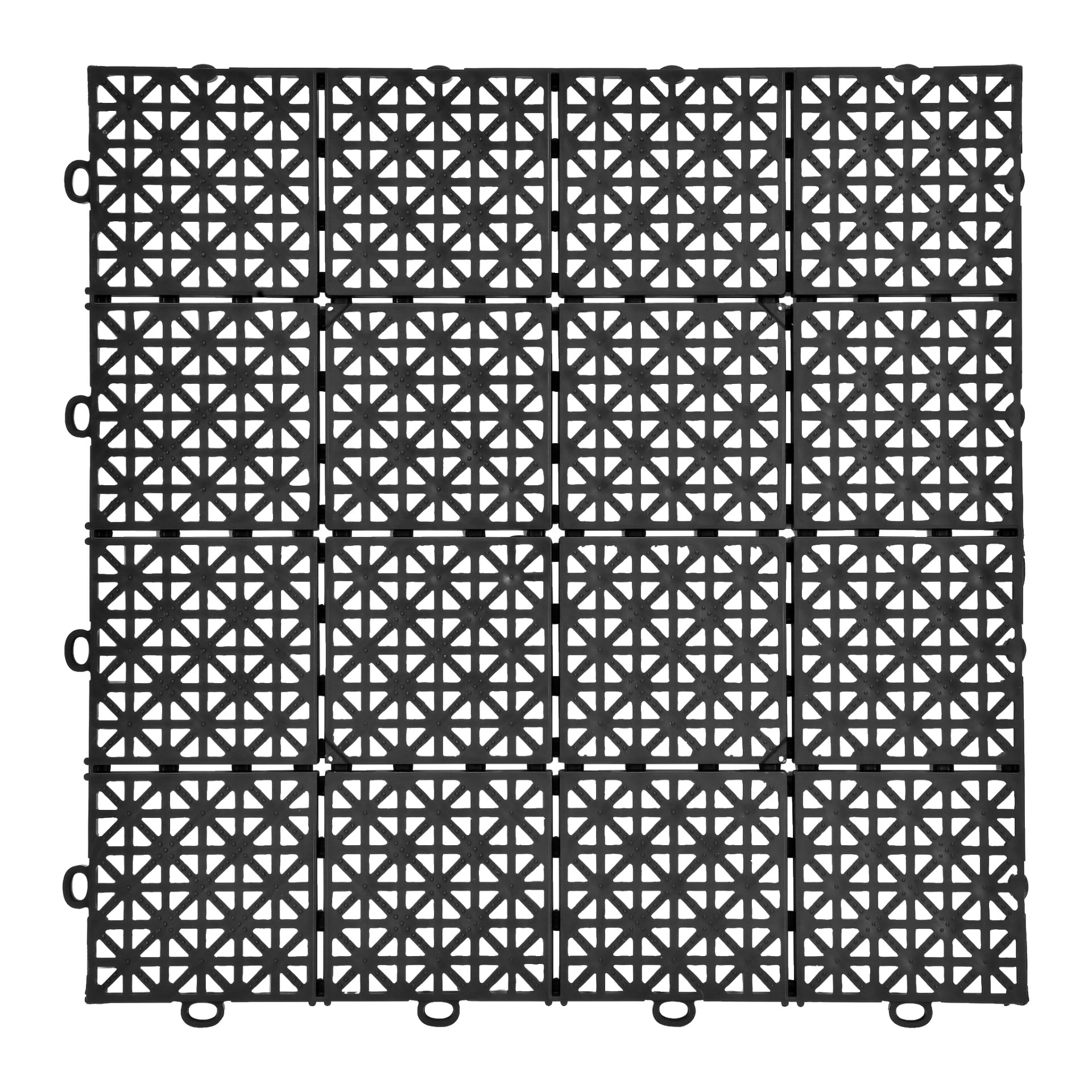 Das Hard Head Floor Tiles 11-Paket enthält schwarze Plastik-Quadratplatten, die jeweils ein wiederkehrendes geometrisches Starburst-Design zeigen. Jede Kachel ist in sechzehn kleinere Quadrate unterteilt, die an bestimmten Kanten ineinandergreifende Formen und Schlaufen haben, um nahtlos mit benachbarten Feldern verbunden zu sein.