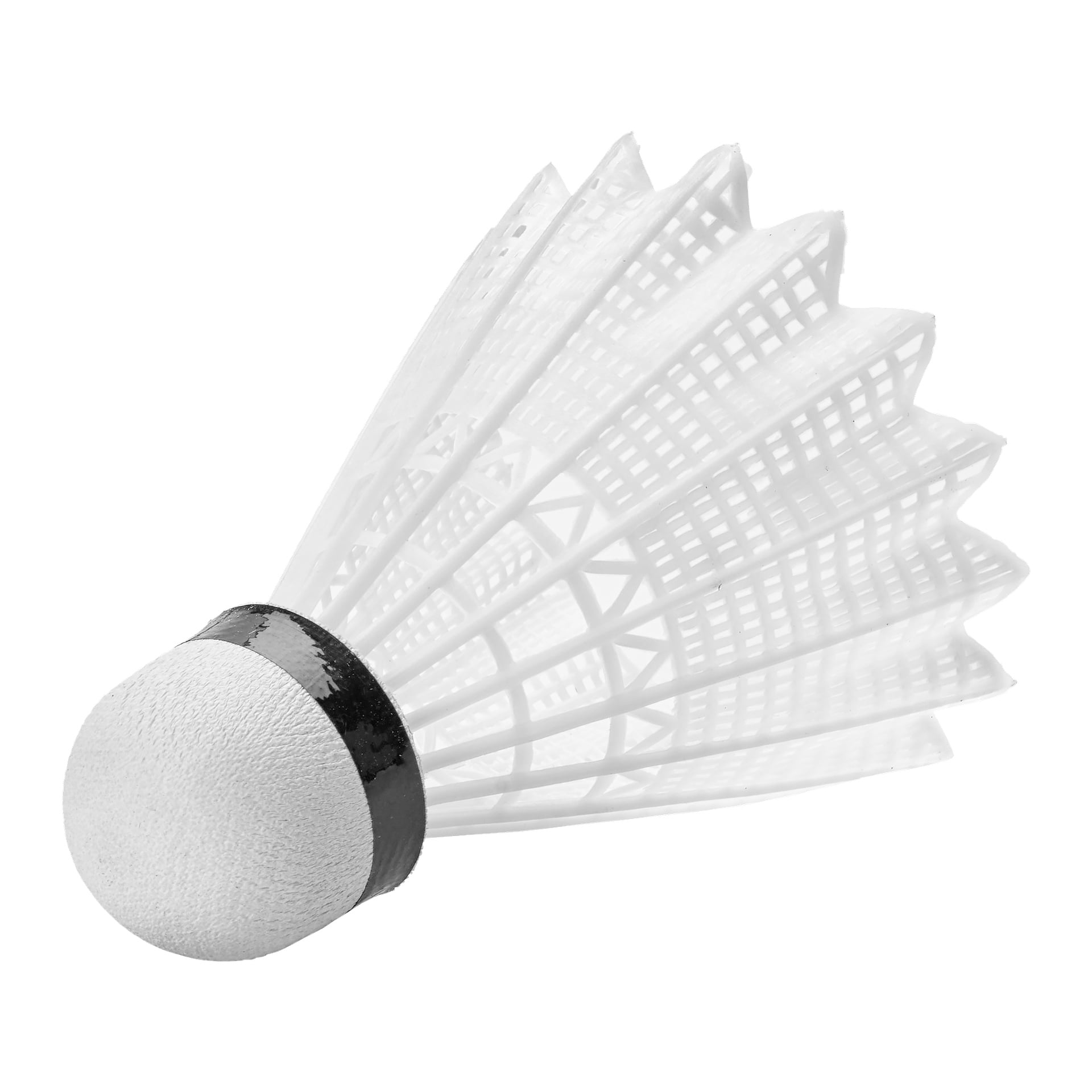 Ett 3-pack Kayoba Shuttlecocks visas, var och en med en vit plastkjol, en rundad korkbas och ett svart band nära botten.