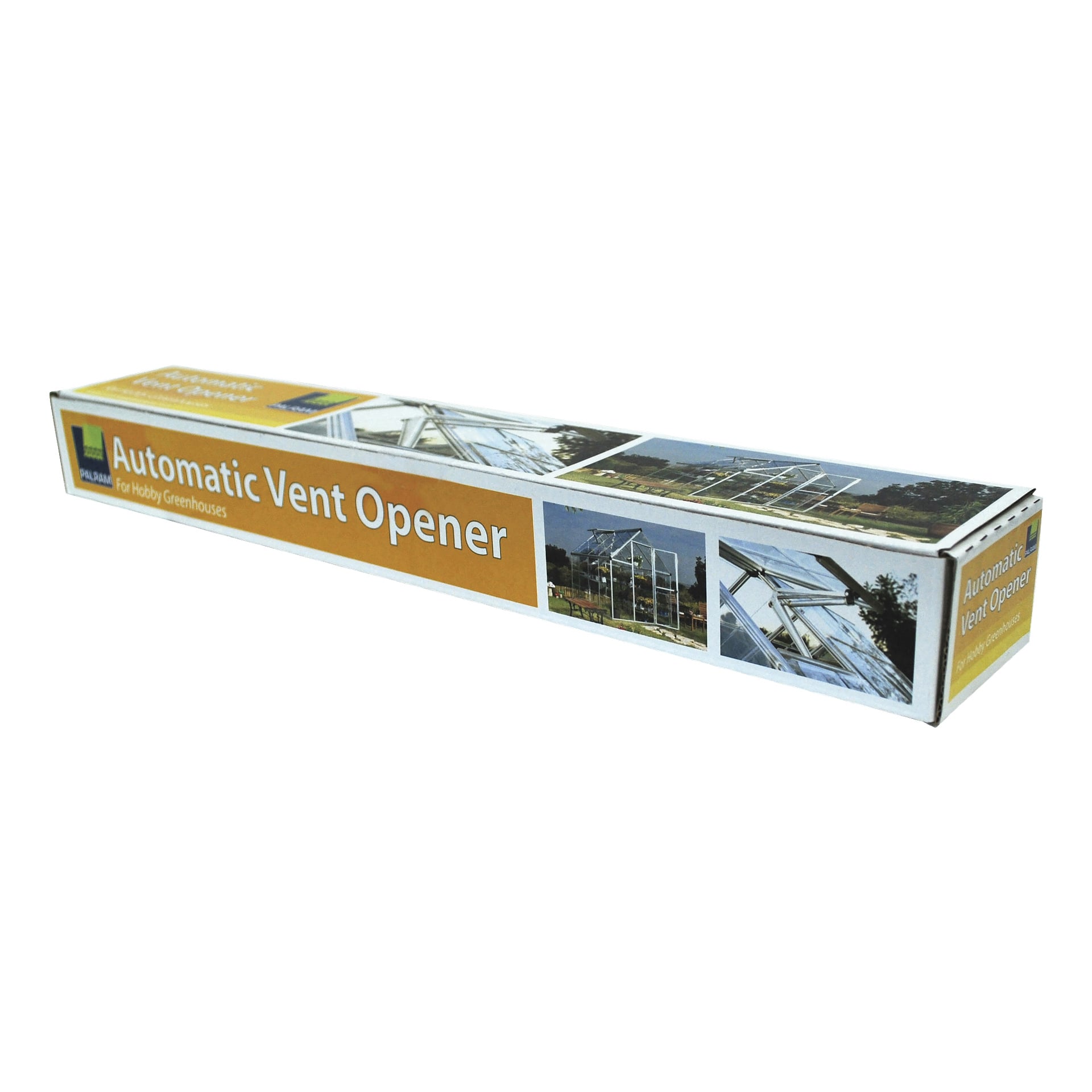 Prostokątne pudełko otwieracza okien Canopia Automatic wyświetla na opakowaniu obrazy okien szklarniowych.