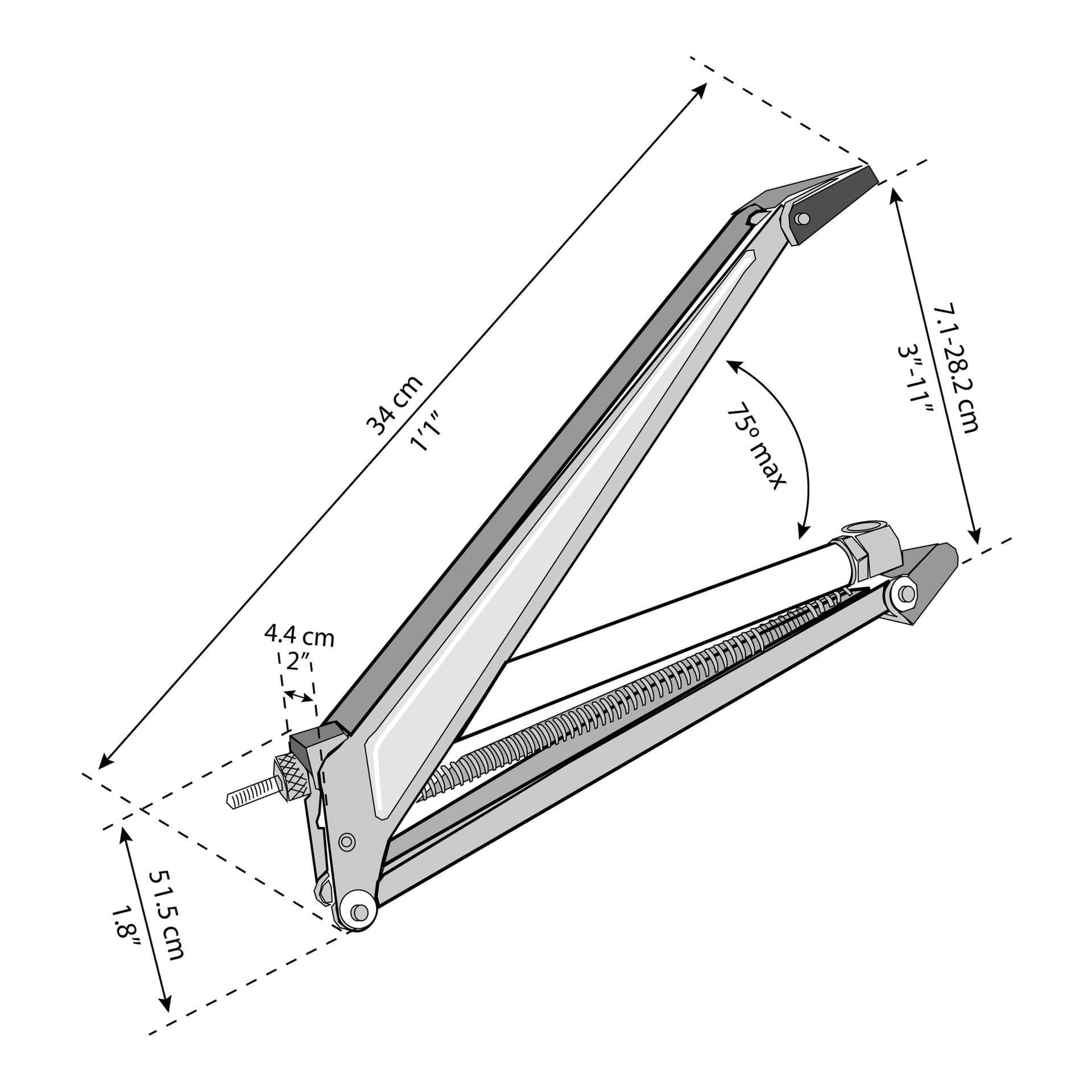 Szkic automatycznego otwieracza do szklarni Canopia z ramieniem sprężynowym; 34x4,4x5,1 cm, wysokość zmienia się od 7,1 do 23,2 cm.