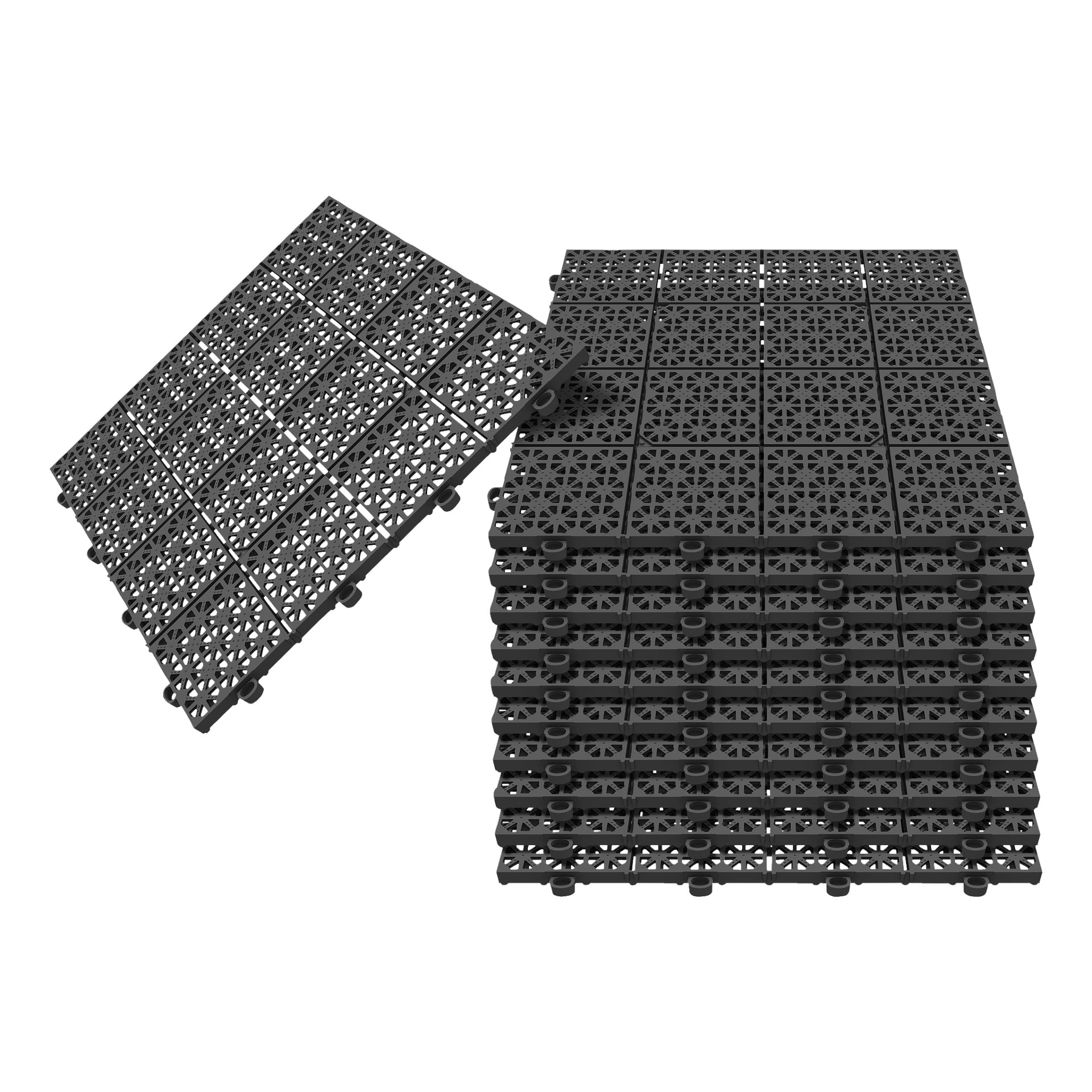 Ein 11er-Pack Hard Head Floor-Fliesen wird gezeigt, bestehend aus ineinandergreifenden schwarzen Kunststofffliesen mit geometrischem Ausschnitt. Eine Fliese steht aufrecht und zeigt die Unterseite und die Steckerstifte und demonstriert, wie das modulare System zusammenhängt.