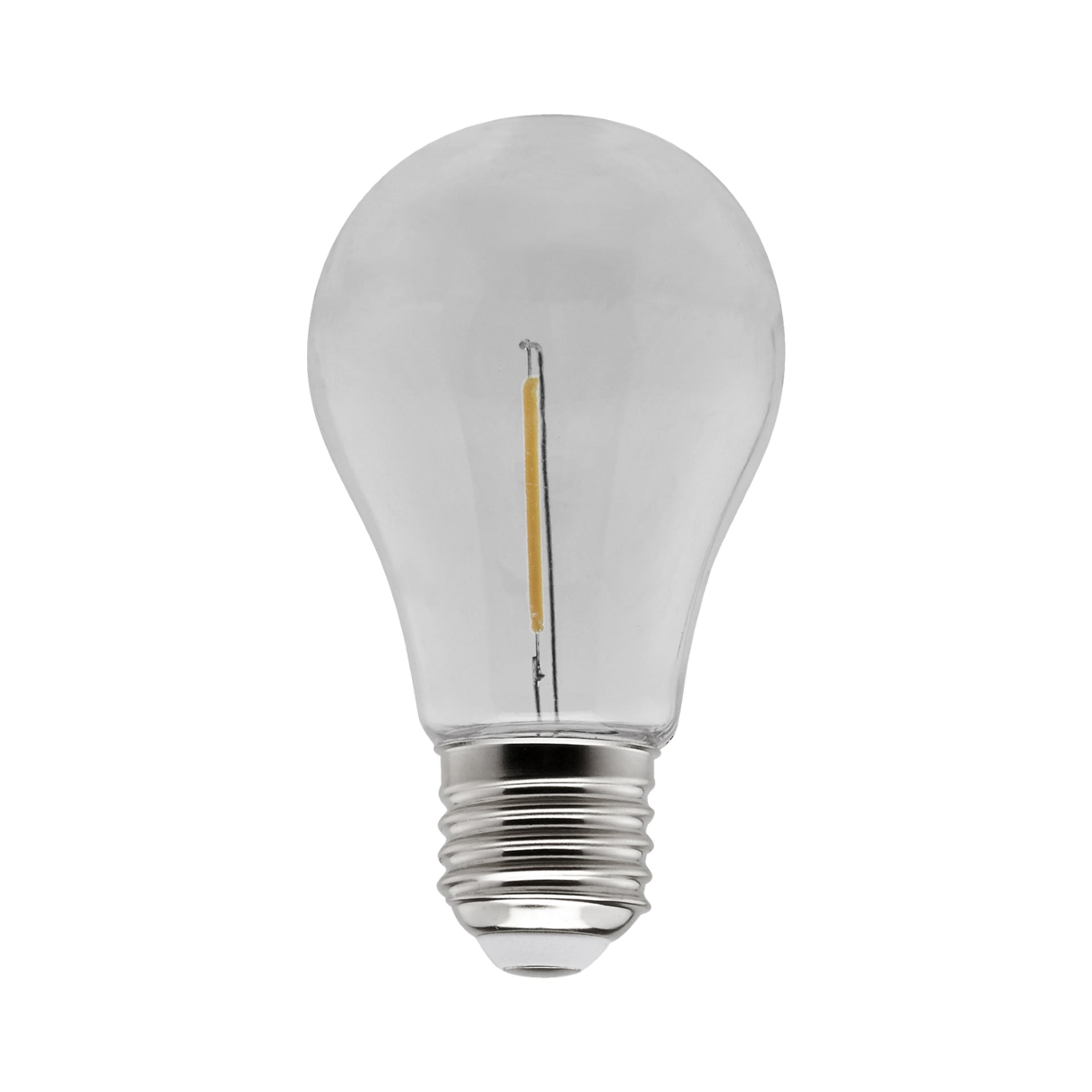 En Anslut LED-festlampa med en klar, klassisk form och en silverfärgad skruvsockel. Lampan visar sin glödtråd och interna stöd.