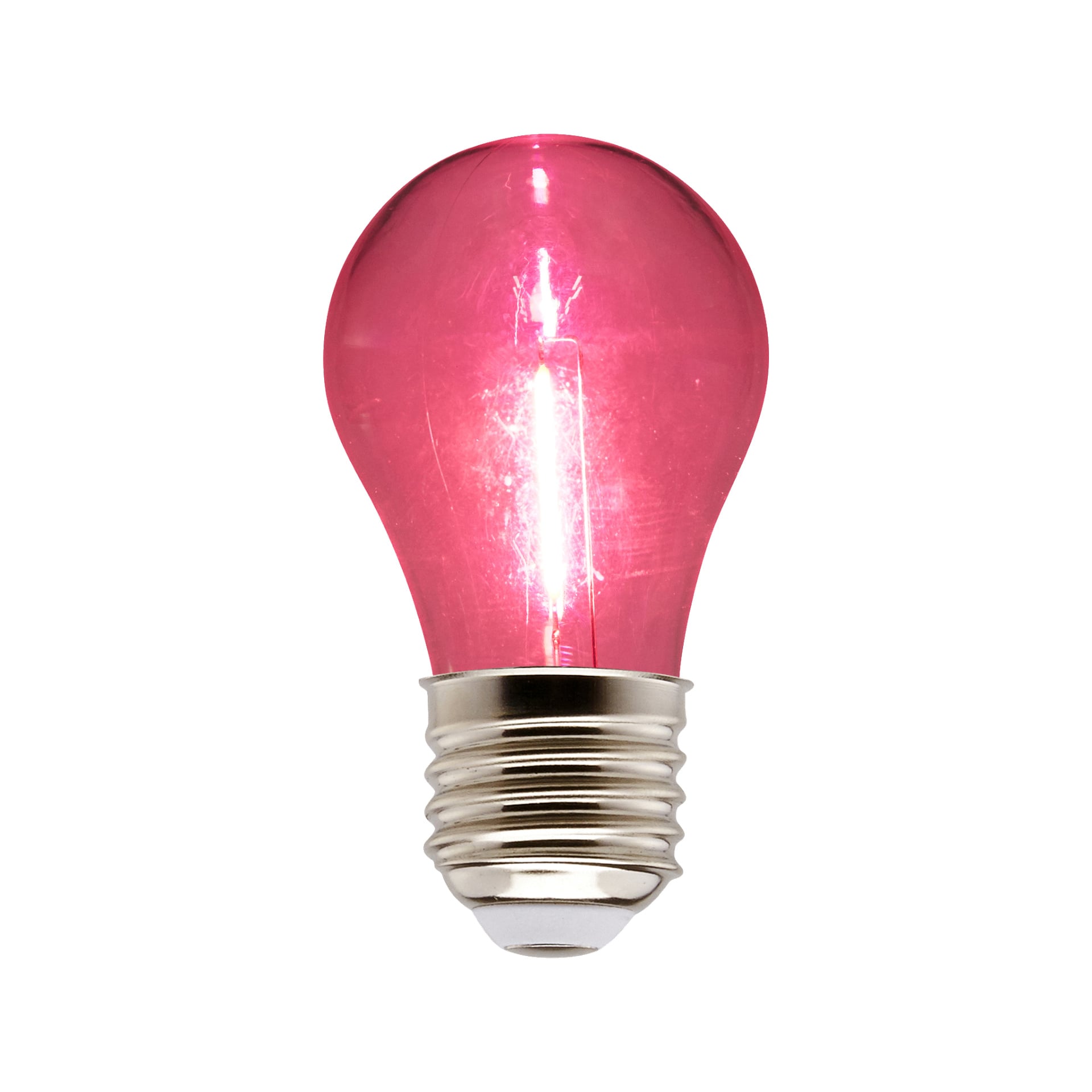 En upplyst LED-lampa med Anslut partylampor har rosa glas och en metallskruvsockel.