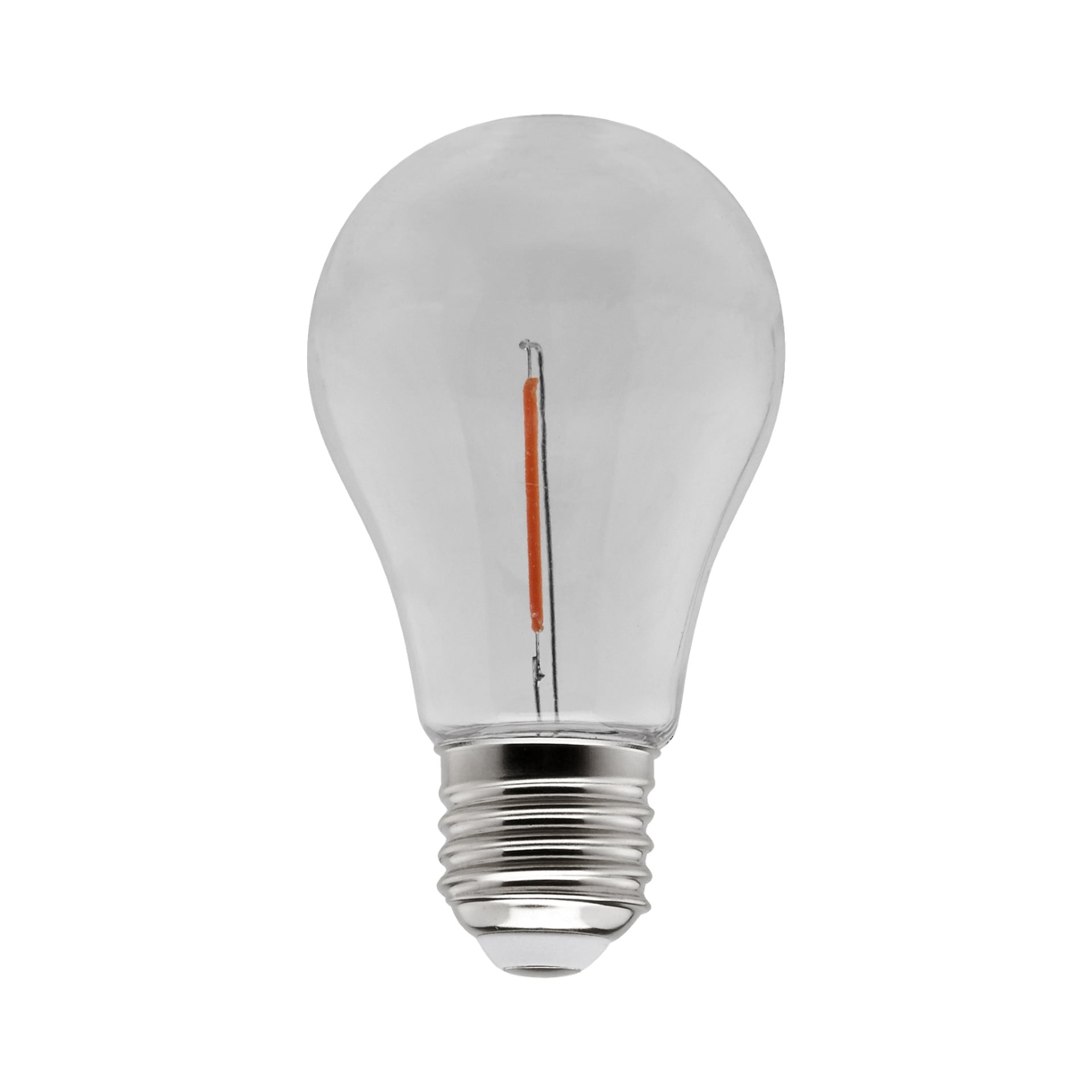 En klar Anslut LED-festlampa med en synlig tunn filamentliknande design och en silverfärgad skruvbas.