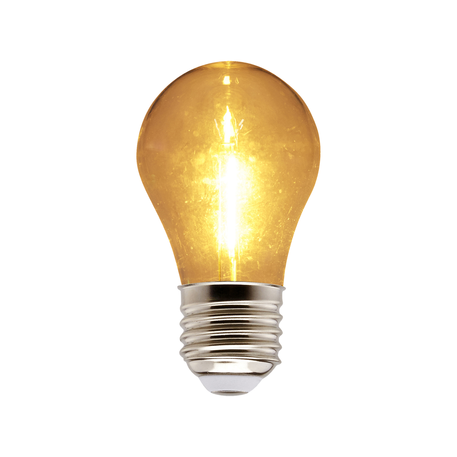 En glödande gul LED-lampa med Anslut partylampor visas, med en metallbas i botten och en synligt upplyst glödtråd inuti glaset.