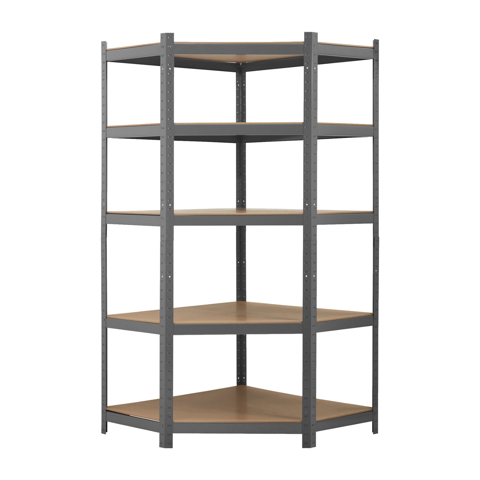 Hard Head Corner-hyllan är en grå metallenhet med fem triangulära trähyllor, designade för att passa perfekt i ett hörn.