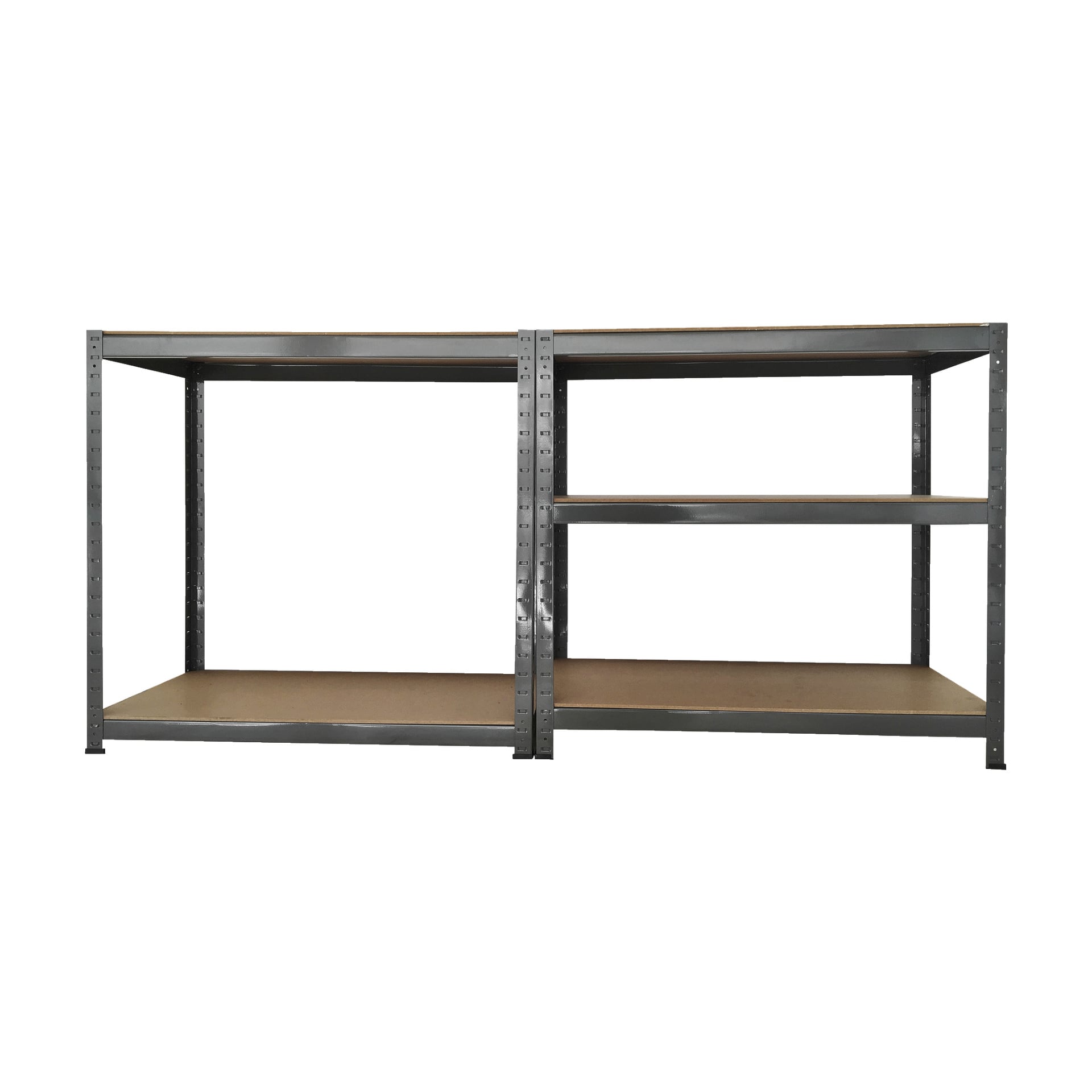 Hard Head Storage-hyllen er en romslig grå metallhylle med to sammenkoblede seksjoner: den ene siden har tre trehyller, mens den andre har to hyller. Den har en slitesterk grå ramme.