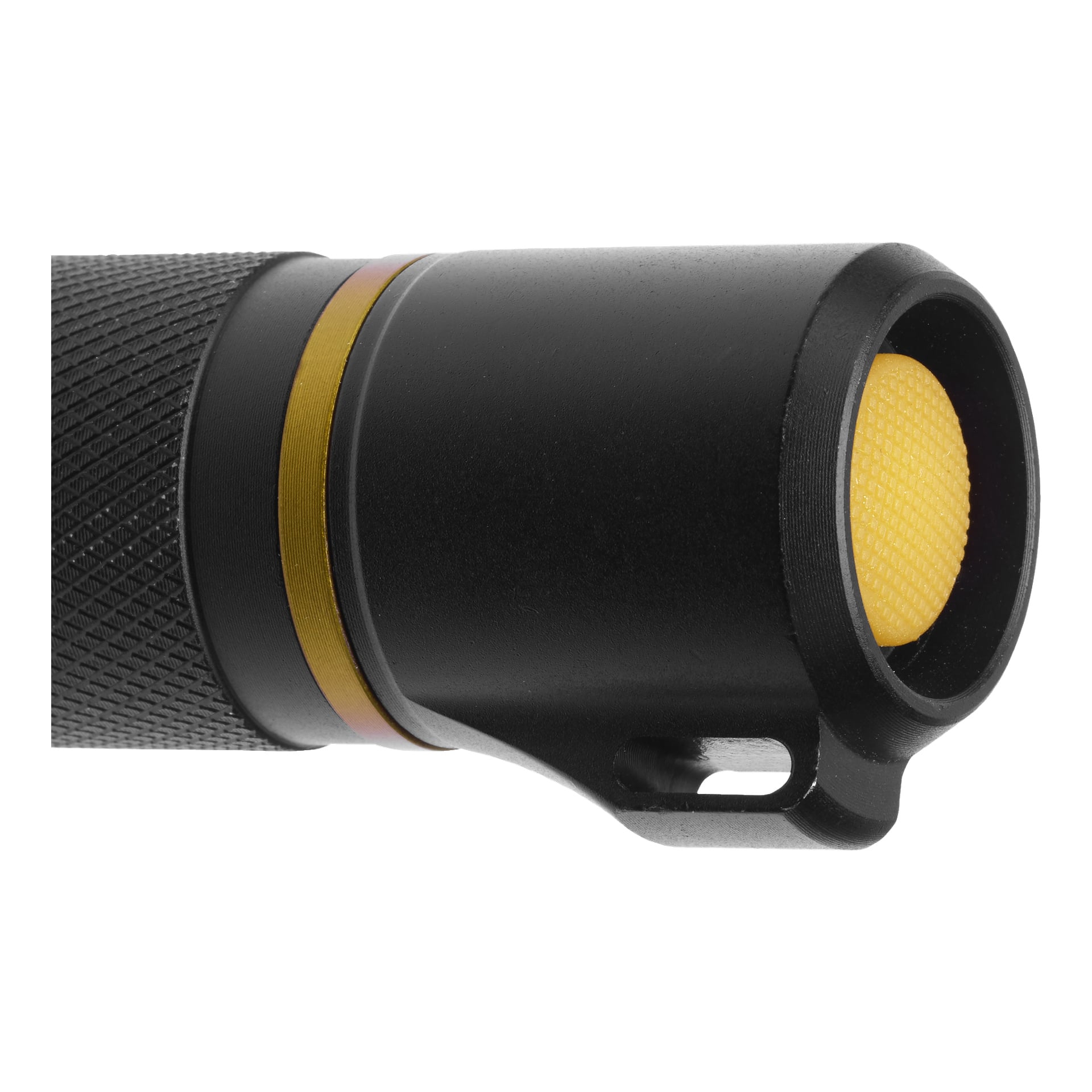 Yksityiskohtainen näkymä Anslut Torch LED:n takaosasta korostaa keltaista, teksturoitua nappia, jonka ympärillä on kultainen rengas. Metallirunko näyttää kurkitetun kuvion paremman pidon takaamiseksi.