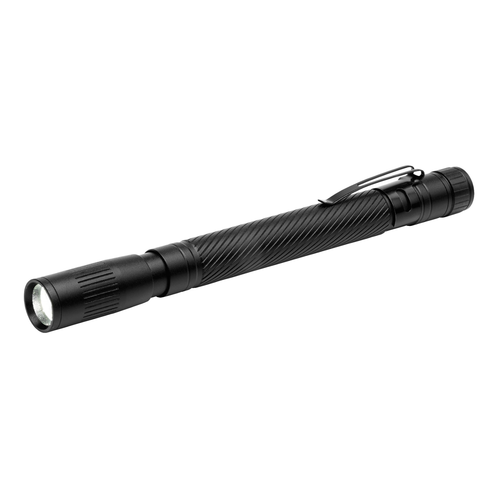 Anslut Torch LED on musta, sylinterimäinen kynämäinen taskulamppu, jossa on teksturoitu kahva, metallinen taskuklipsi ja LED-valo kärjessä.