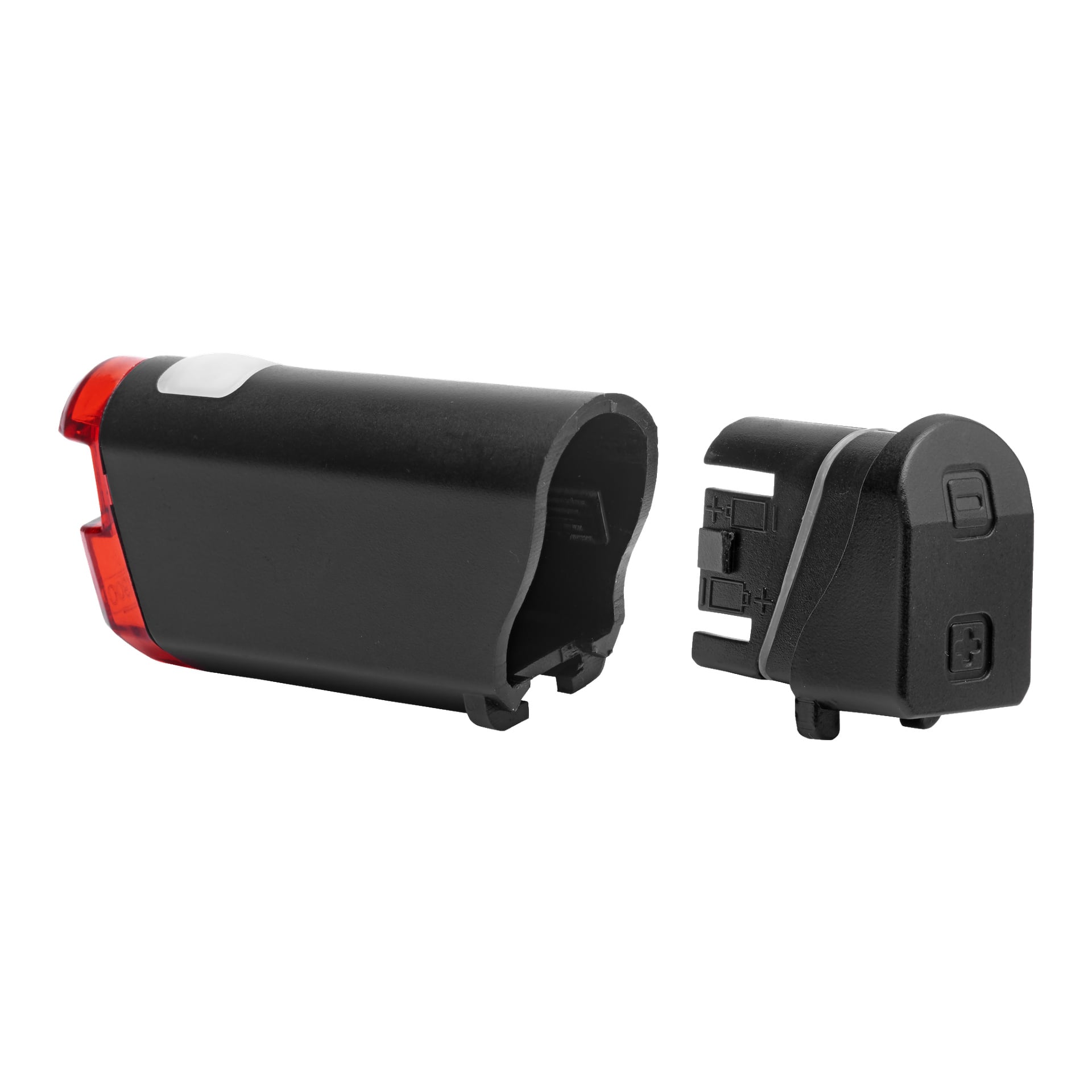 Die LED-LED-Leuchten der Kayoba-Fahrradlampen vorne/hinten zeigen eine schwarz-rote Kunststoff-Fahrradlampe, mit einem zylindrischen Hauptteil, der mit einer durchsichtigen roten Kappe versehen ist. Sie verfügt über Knöpfe und zwei elektrische Stecker an ihrem abnehmbaren Teil.