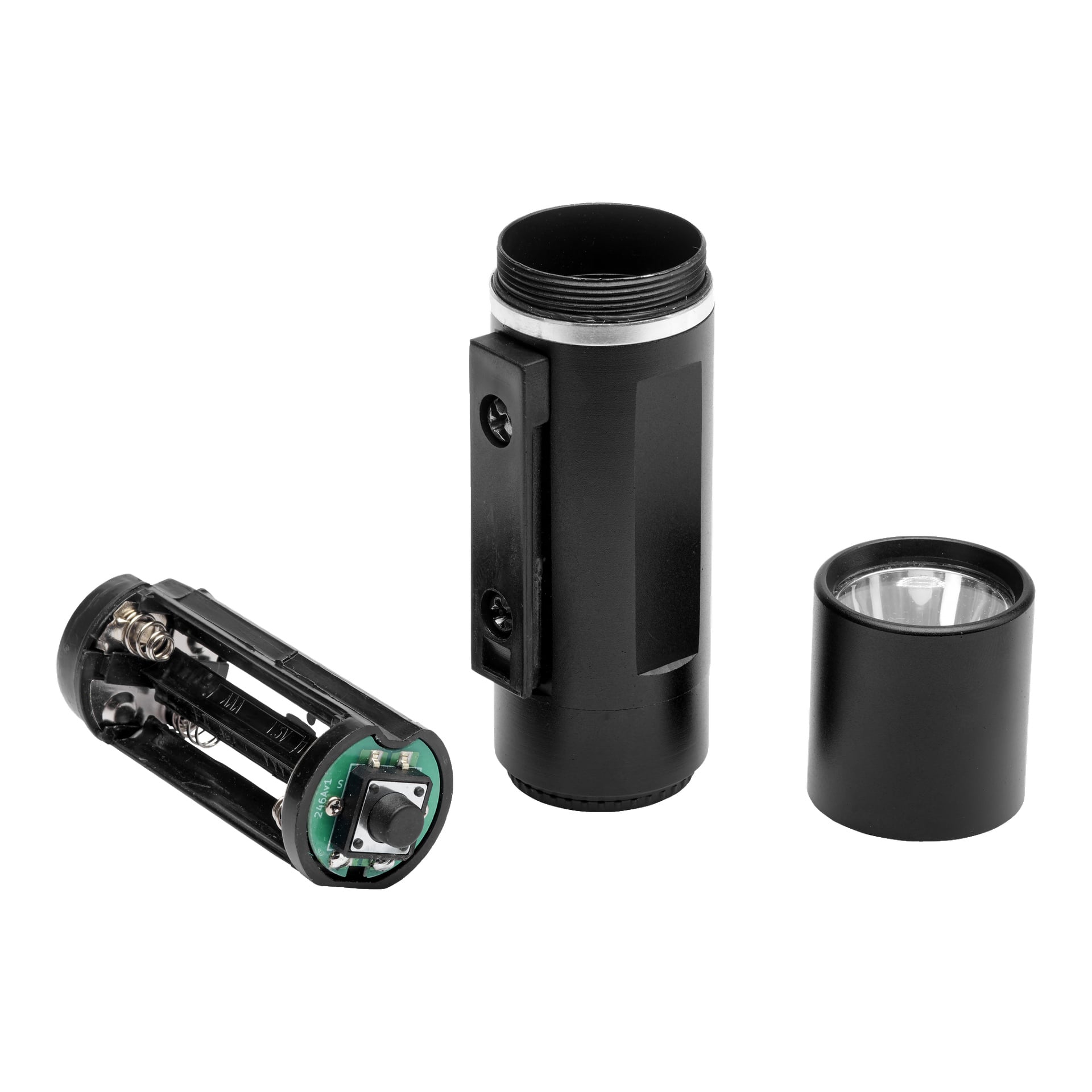Eine schwarze Kayoba-Fahrradlampe LED-LED vorne/hinten ist in drei Teile zerlegt zu sehen: das Hauptgehäuse mit Zylinder, einen abnehmbaren Objektivkopf und einen Batteriehalter mit Platz für zwei AA-Batterien und eine angeschlossene Platine.