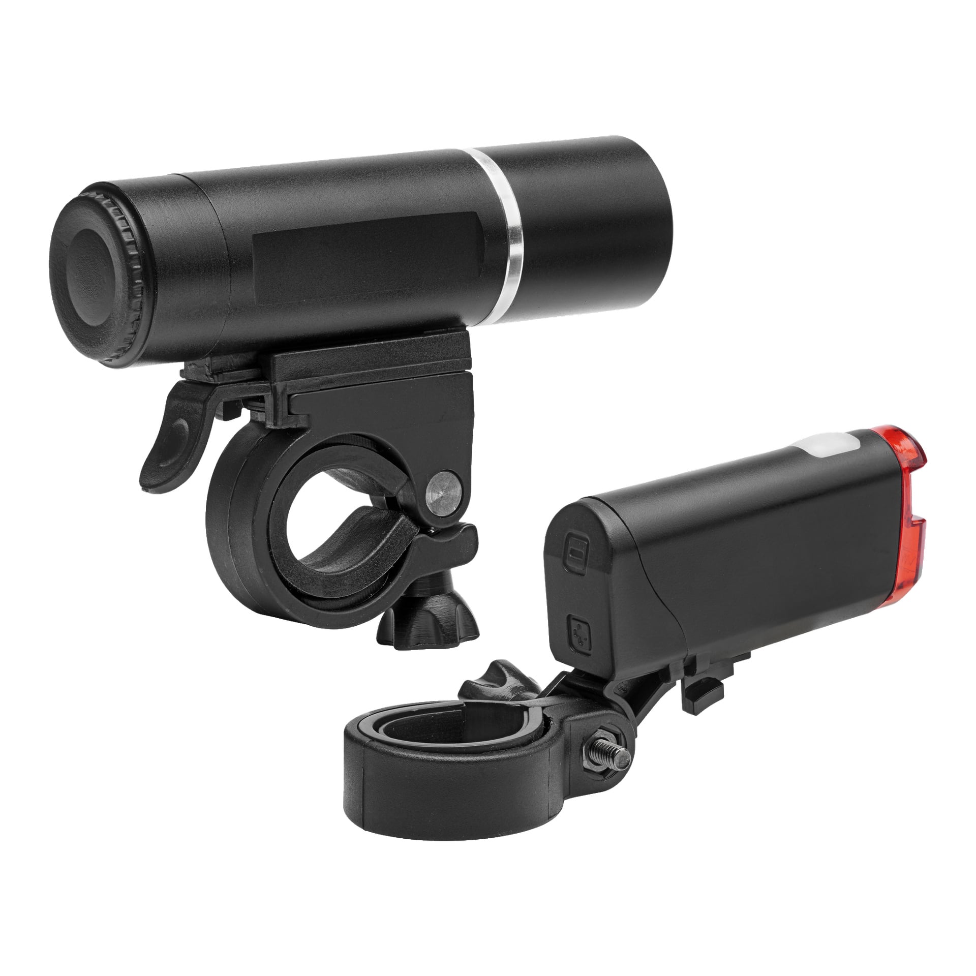 Kayoba Bike Lampen LED vorne/hinten: Verfügt über eine zylindrische Frontleuchte und ein rechteckiges Rücklicht mit rotem Objektiv, beide mit Klemmhalterungen für Lenker oder Sattelstützen.