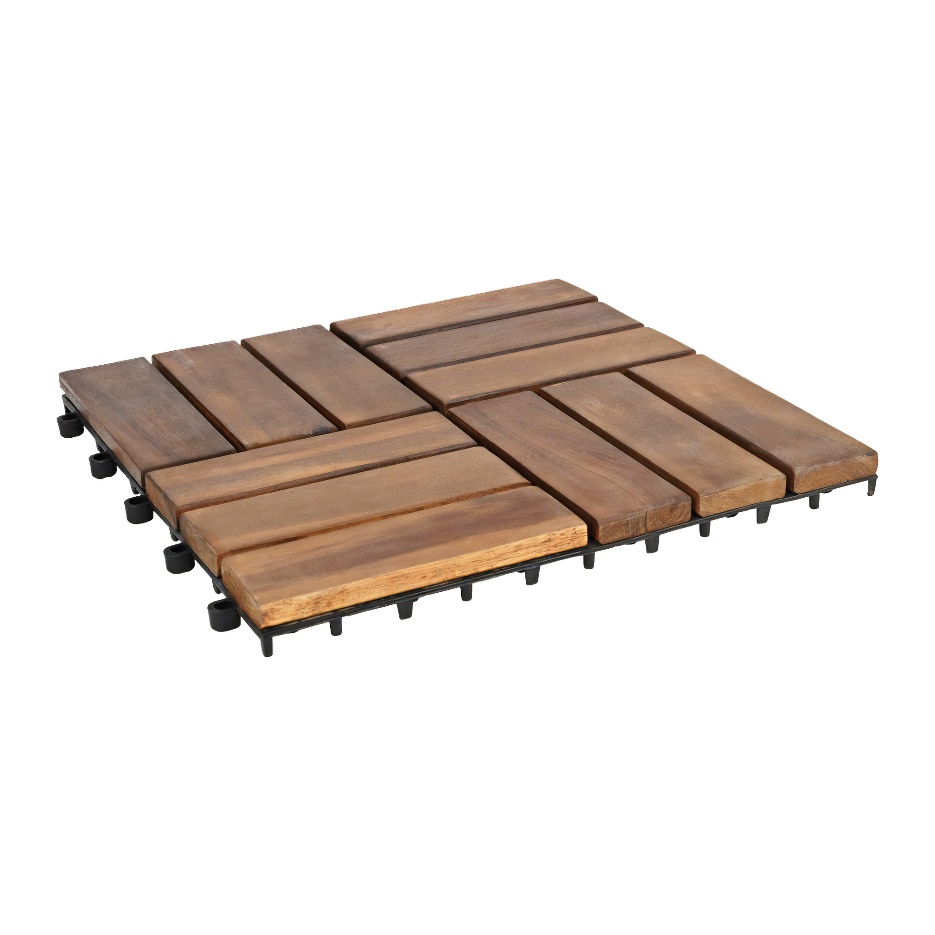 Hard Headin "Floor tiles of acacia wood 5 pack" -kirjasta peräisin oleva neliönmuotoinen terassilaatta esittelee suorakaiteen muotoisia akaasiapuun säleitä, jotka on aseteltu geometrisesti mustalle muovipohjalle, suunniteltu helppoon lukitukseen ulkolattian asennuksissa.