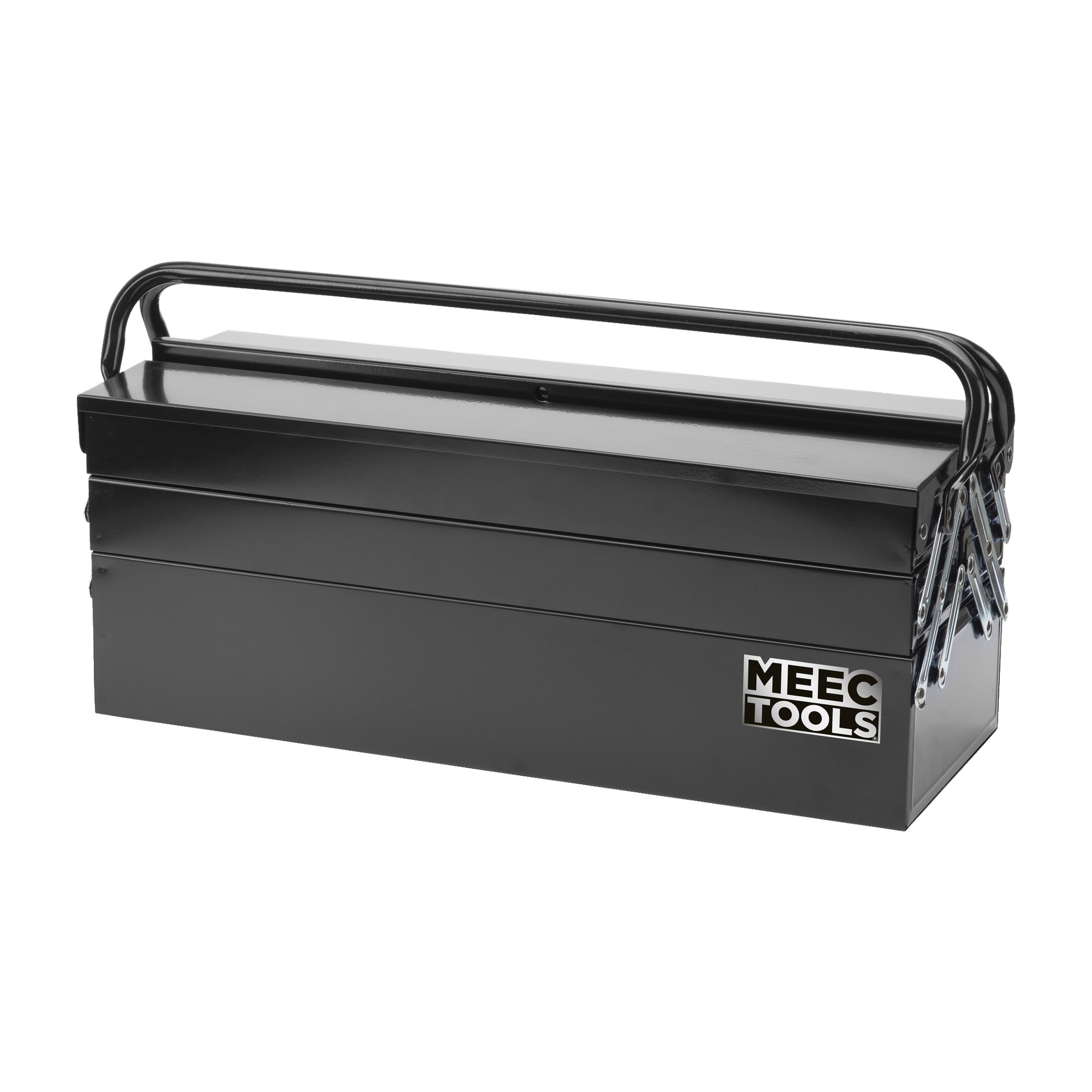 Musta metallinen työkalupakki on suljettu, jossa on yläkahva ja saranat sivulla. Tuotemerkki "Meec Tools" näkyy valkoisella tekstillä laatikon oikeassa alakulmassa.