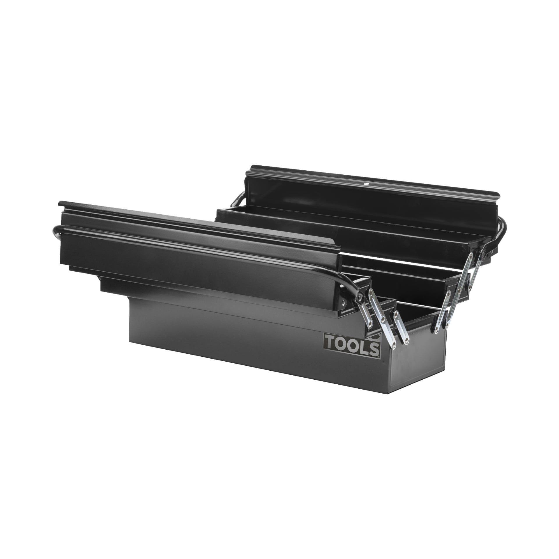 Meec Toolsin mustametallinen työkalupakki, jossa on avoin ulokekuvio, jossa on useita lokeroja työkalujen järjestämistä varten. "TOOLS" on painettu etupuolelle.