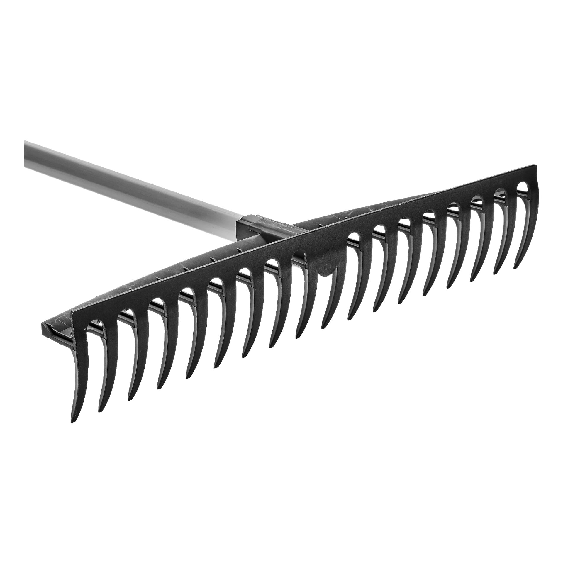 En detaljerad vy av Hard Head Utility-gaffeln, som framhäver dess svarta huvud med breda plasttänder och ett förlängt grått handtag.