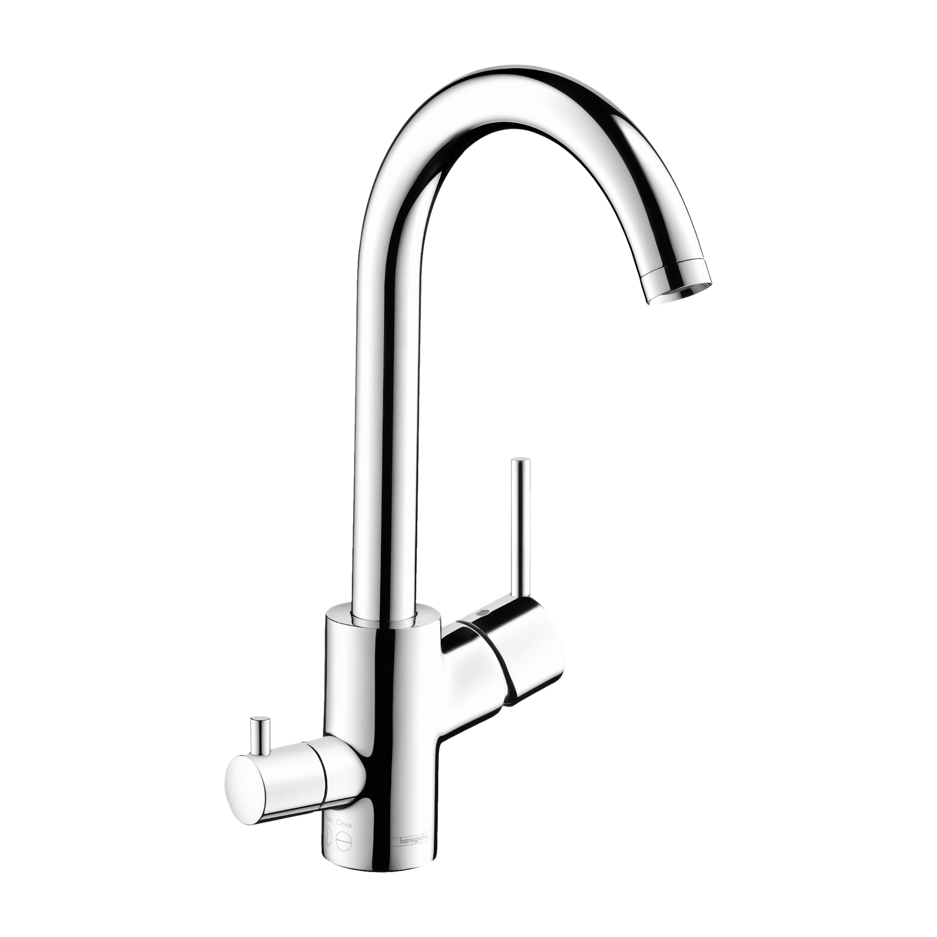 Hansgrohe Talis S2 krom kjøkkenmikserkran med en høybuet svingtut, et sidehåndtak og en liten etikett med teksten Close nær bunnen.