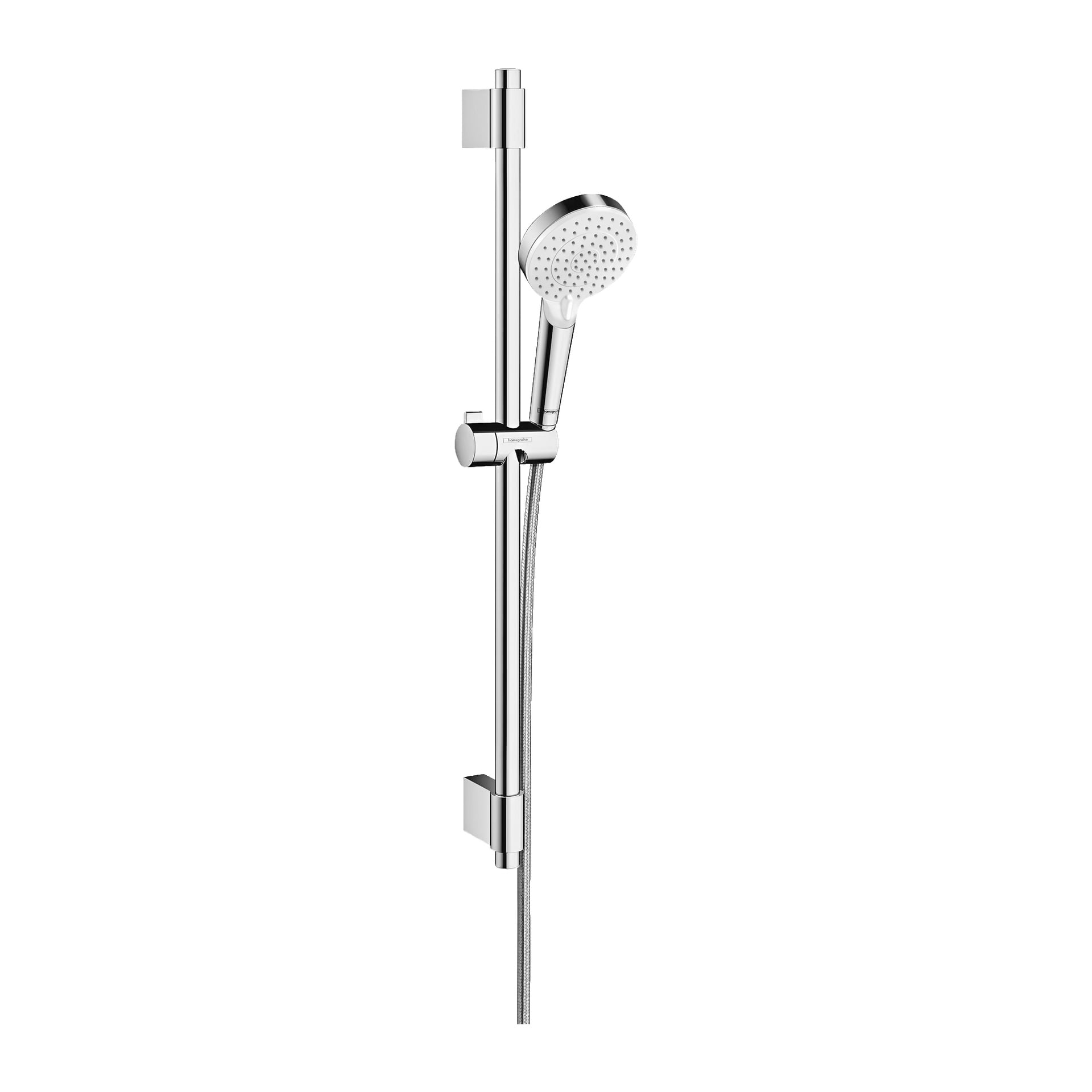 Hansgrohe duschset Crometta Vario handhållet duschmunstycke fäst vid en vertikal monteringsstång med en flexibel slang.