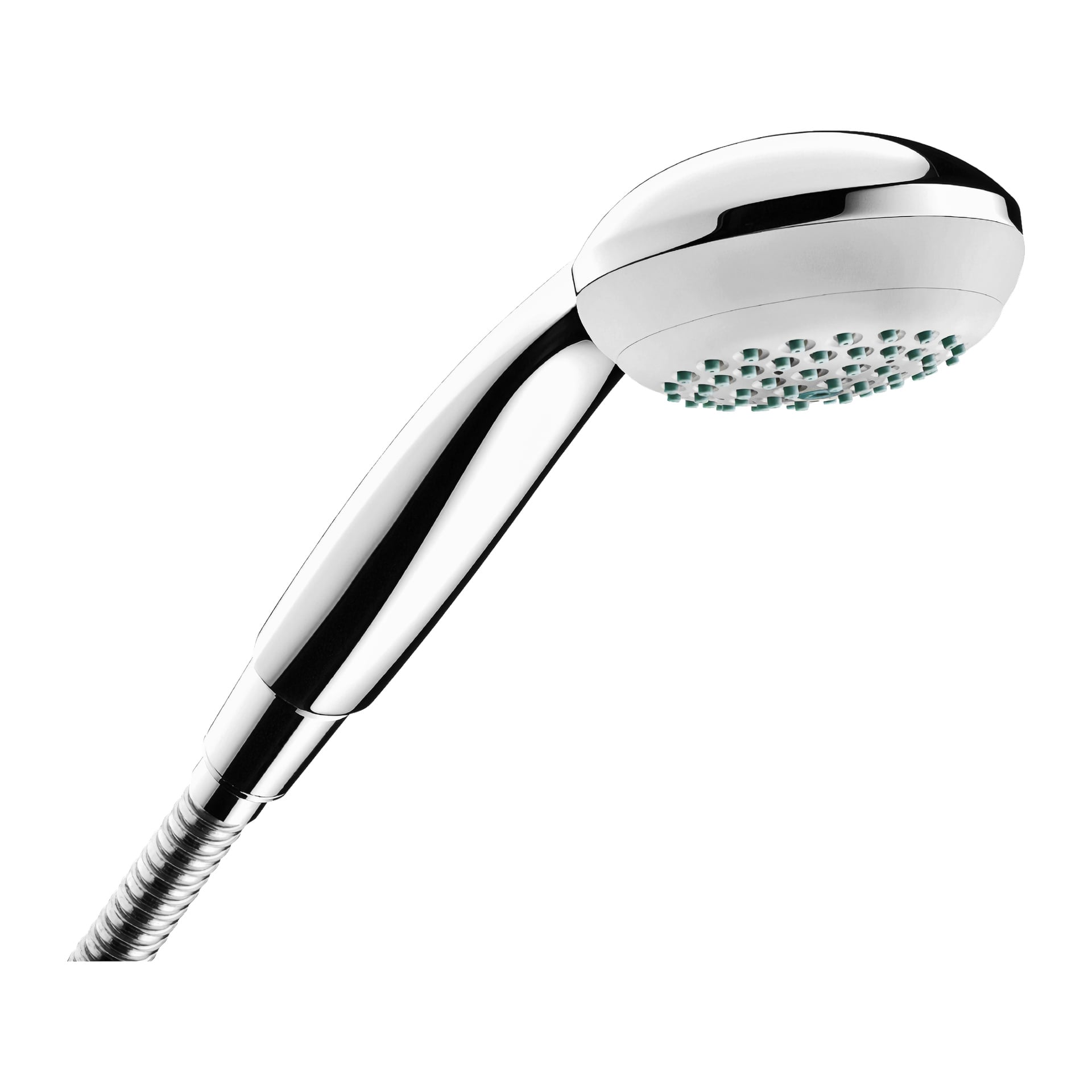 Hansgrohe Crometta Handduschkopf mit einem Chromgriff, einem weißen Strahlgesicht mit türkisfarbenen Düsen und einem flexiblen Metallschlauch.