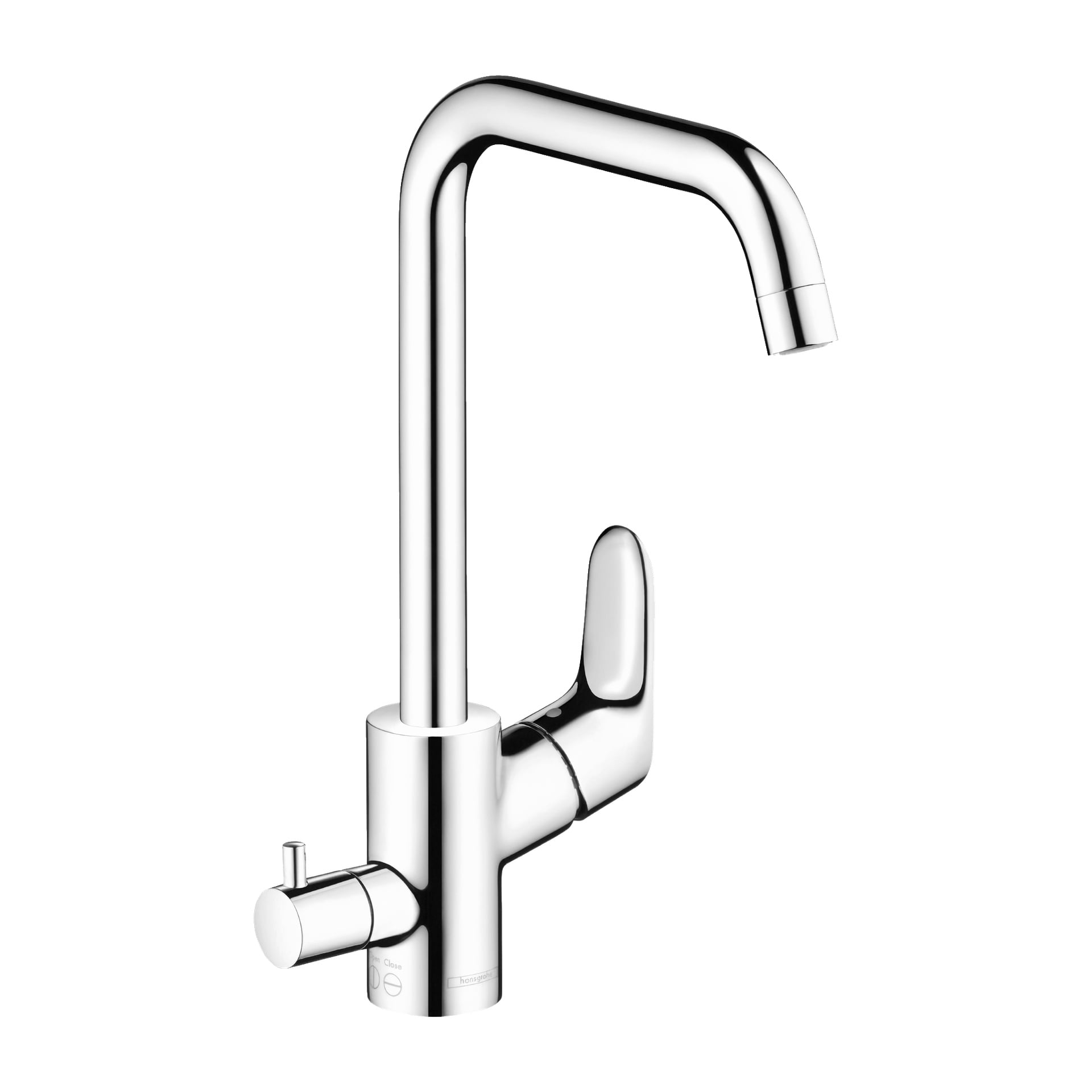 Hansgrohe Focus köksblandare med hög välvd pip och sidomonterad spakhandtag.