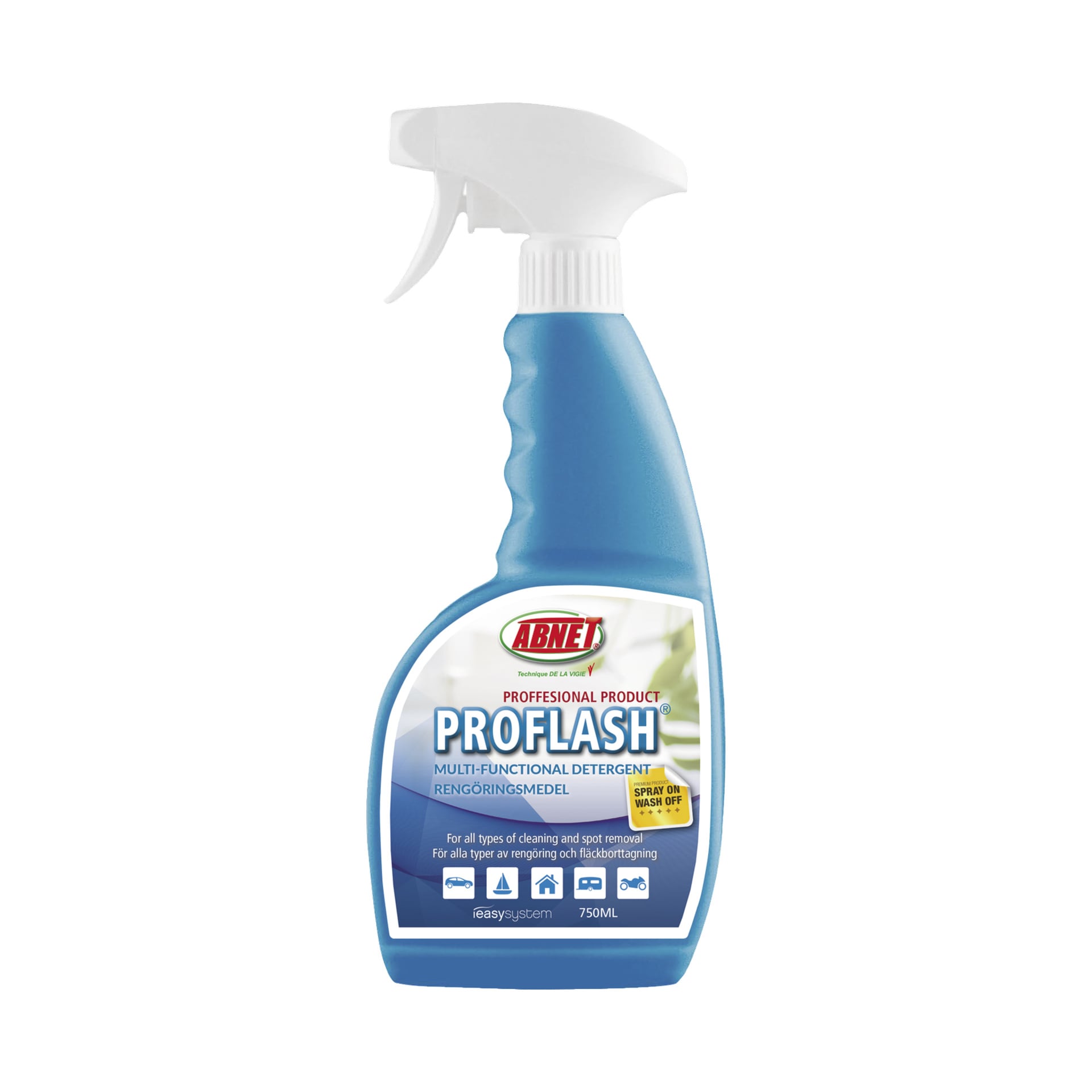 En blå och vit sprayflaska med Abnet Detergent Proflash-etiketten, märkt med en kapacitet på 750 ml. Framsidan av flaskan framhäver dess lämplighet för olika rengöringsuppgifter och fläckborttagning, tillsammans med illustrerade användningsinstruktioner och ikoner.