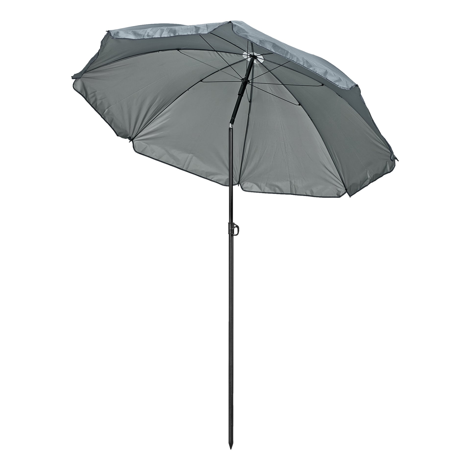 Axley Beach Parasol to duży, szary parasol zaprojektowany do użytku na zewnątrz, z spiczastym podstawą, która pomaga mu stabilnie stać. Po rozłożeniu widoczne są metalowe podpory i centralny słup, co czyni go idealnym do tworzenia cienia.