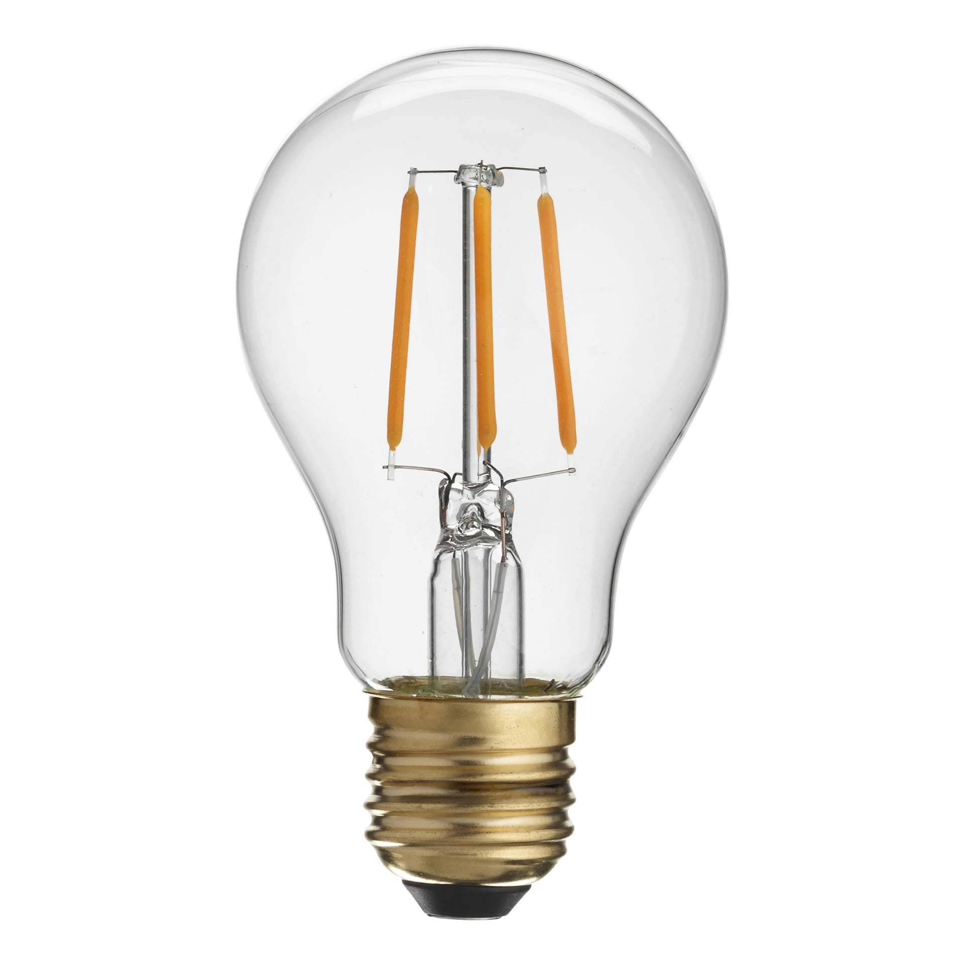 Anslut Normal LED-lampa med skymningssensor har en klar glasdesign som visar interna glödtrådar och ledningar, och levereras med en standardskruvbas.