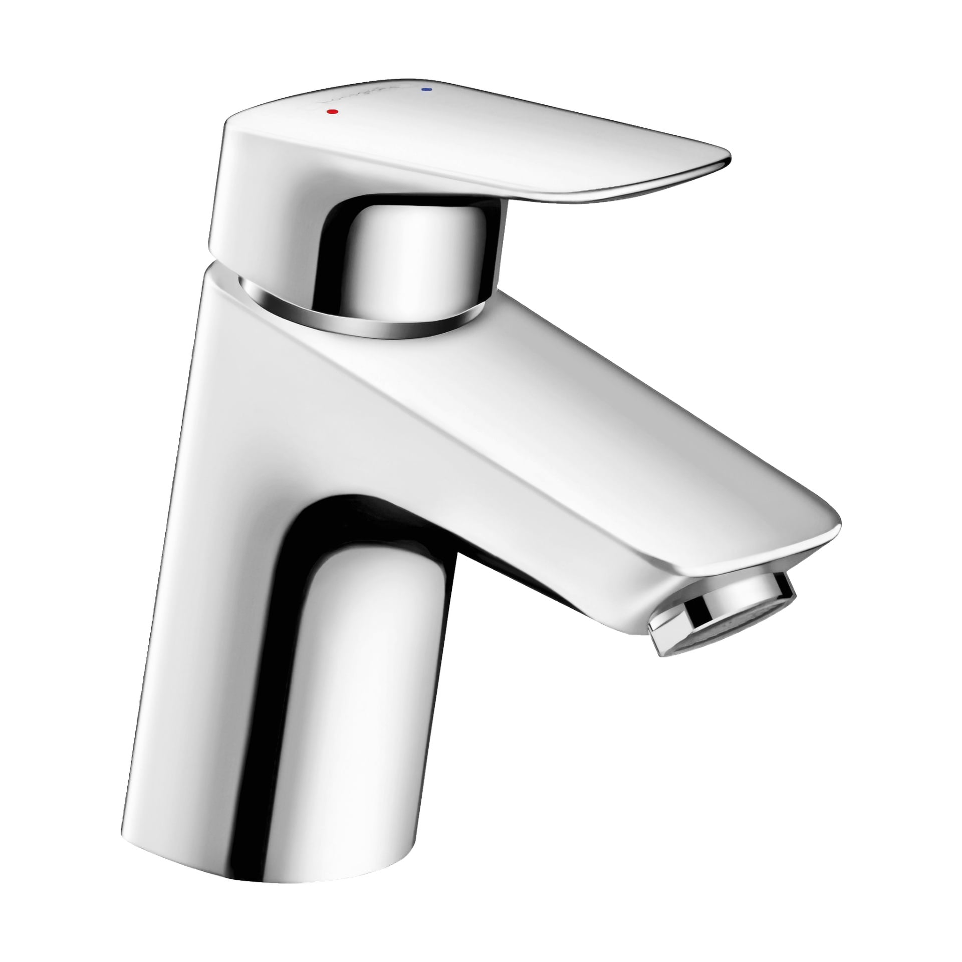 Chrome Hans Grohe tvättställ blandarkran Logis 70" med ett enda spakhandtag med en röd och blå punktindikator.