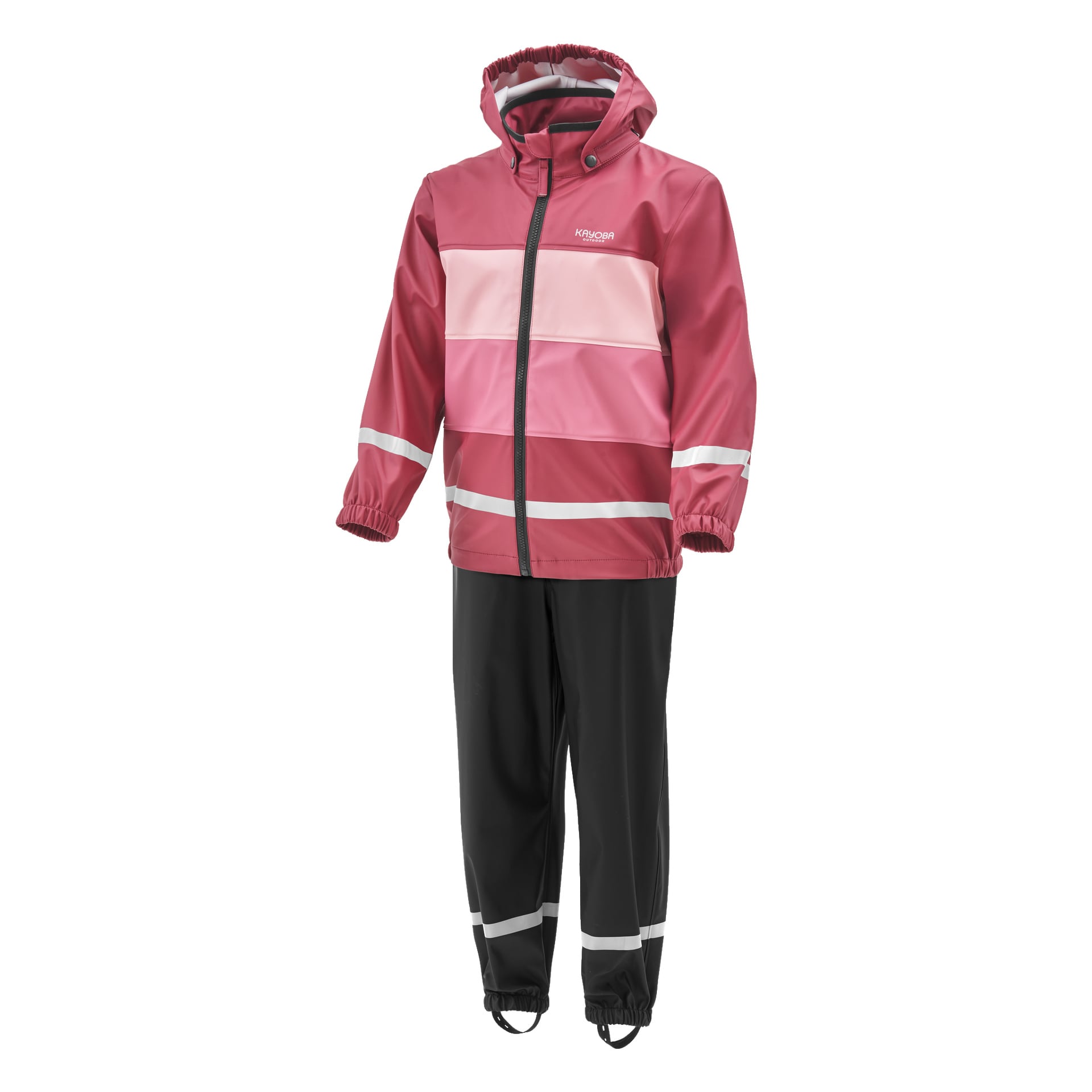 Kayoba Outdoor Children's Rain Suit, tvådelat set designat för barn, inkluderar en vattentät jacka med horisontella ränder i mörkrosa, ljusrosa och vitt, tillsammans med enkla svarta byxor. Båda verken är utrustade med reflekterande band för att förbättra synligheten.