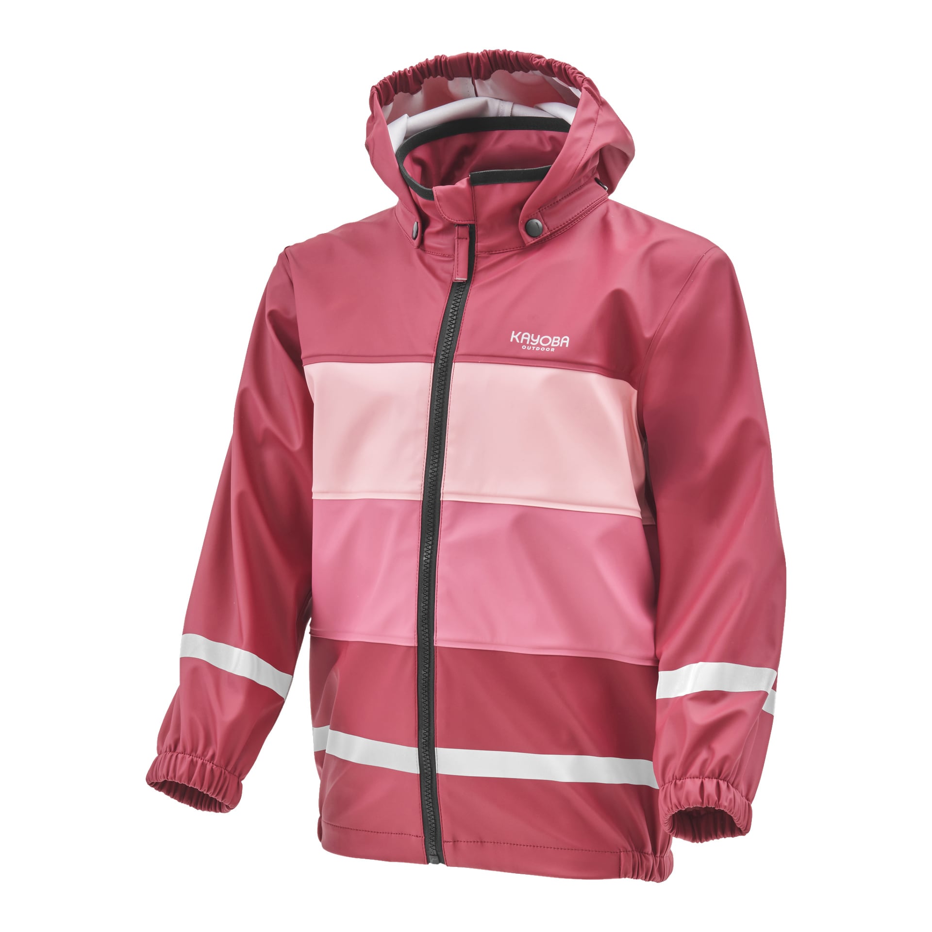 En barnregndräkt från Kayoba Outdoor, bestående av en huvjacka med dragkedja och röda och rosa horisontella ränder, elastiska manschetter och vita reflekterande band över ärmar och kropp. Kayoba Outdoor-logotypen syns på bröstet.