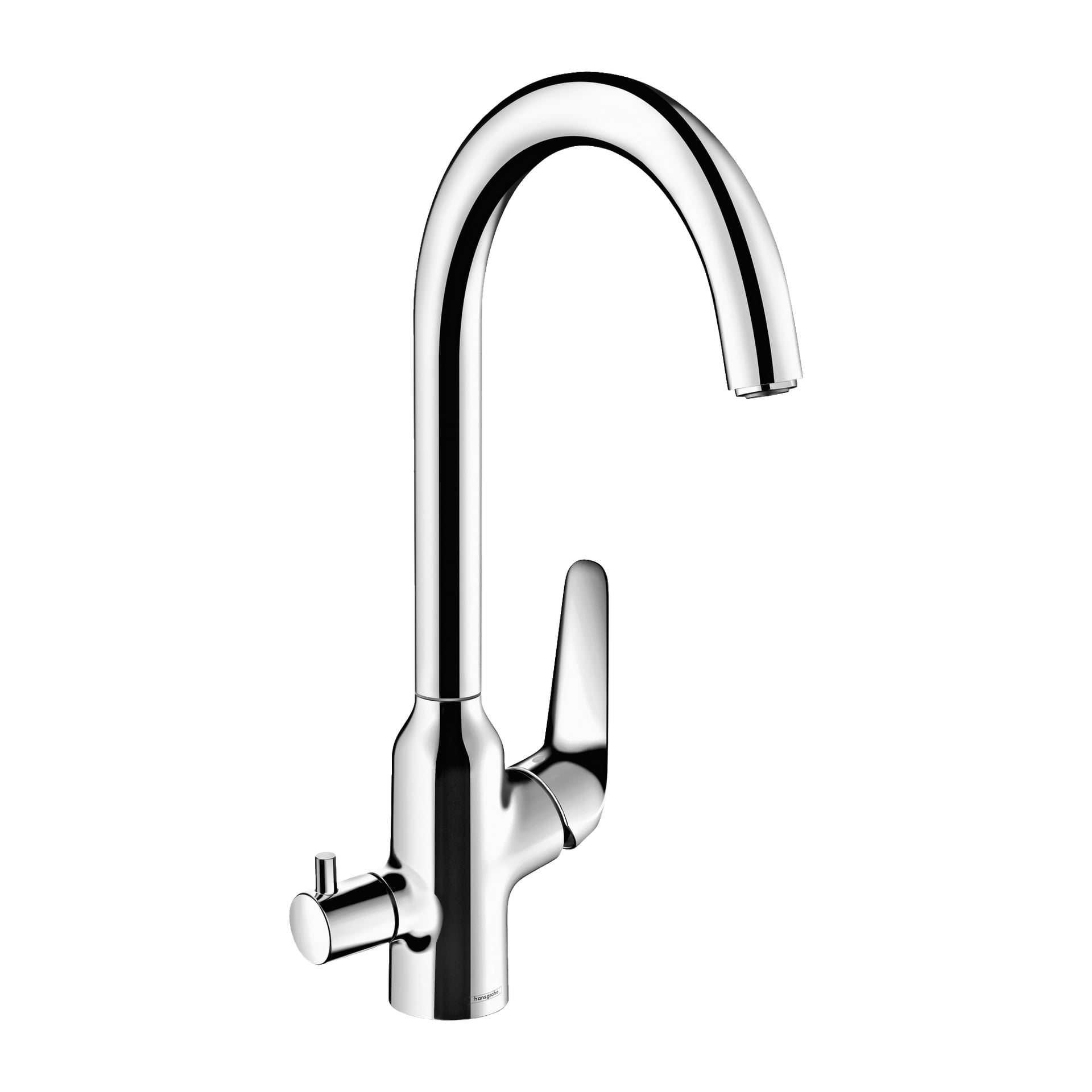Chrome Hans Grohe kjøkkenmikser M42" med høy, buet tut, sidehåndtak og en liten knott på bunnen.
