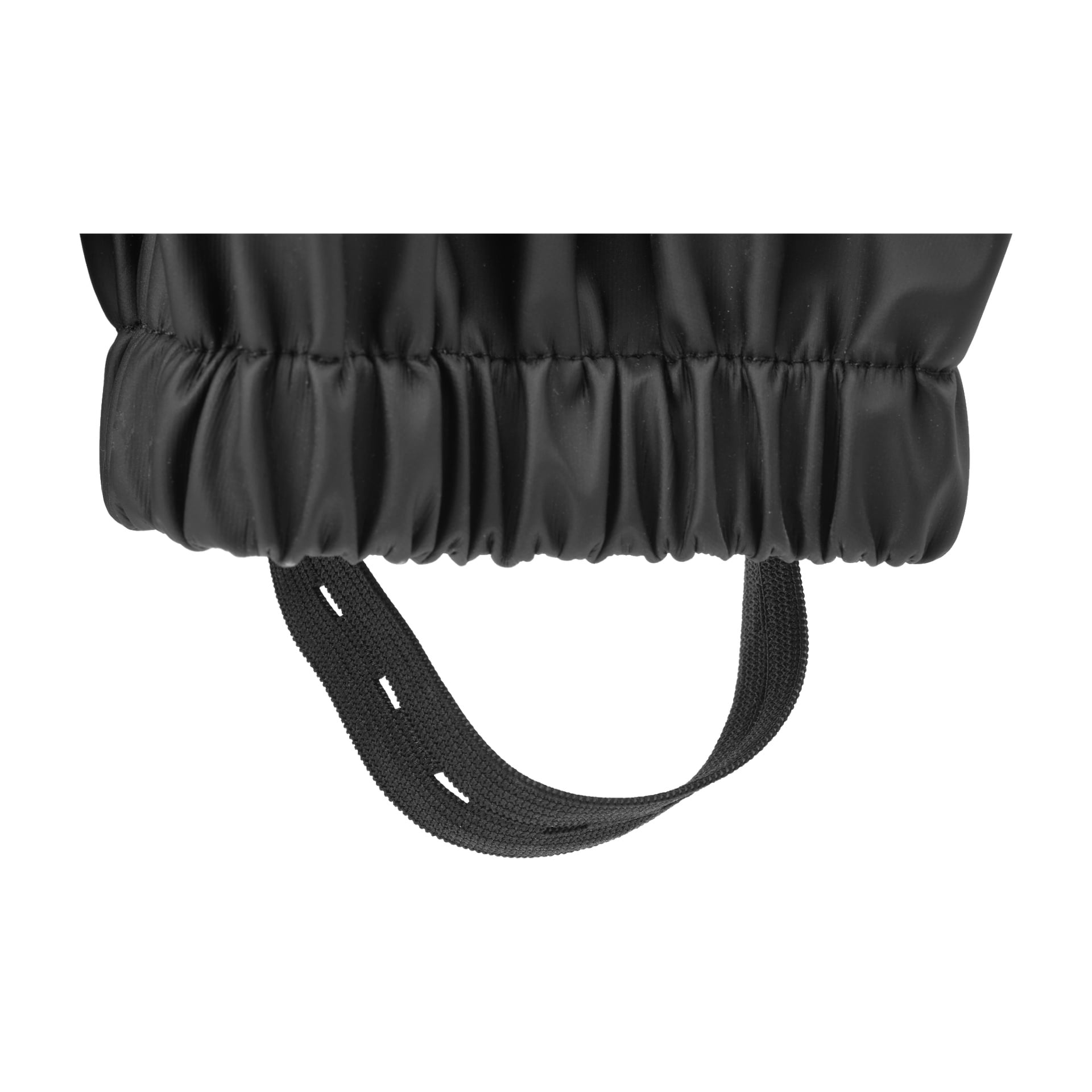 Närbild av den svarta elastiska mudden och dess fastsatta svarta rem från Kayoba Outdoor Children's tvådelade regndräkt.