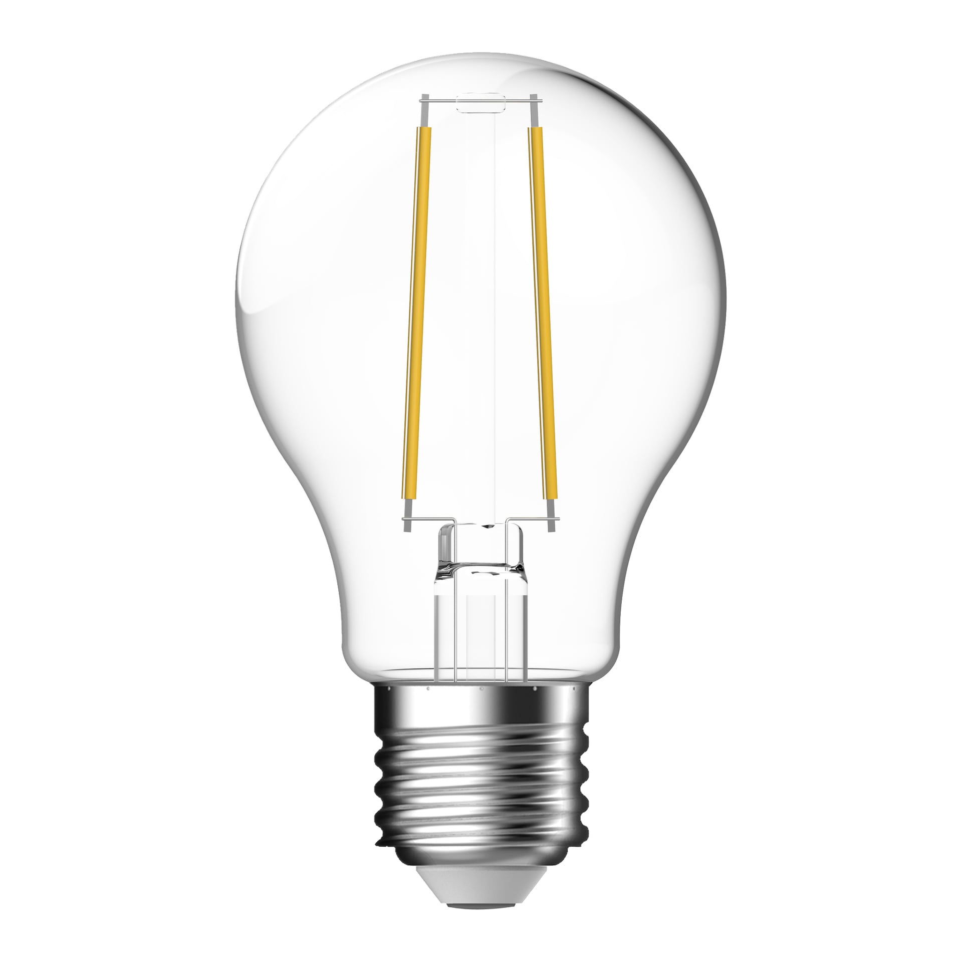 Anslut Normal LED-pære med skumringssensor har to gule filamenter, en klassisk avrundet glassform og en standard metallskruebase.