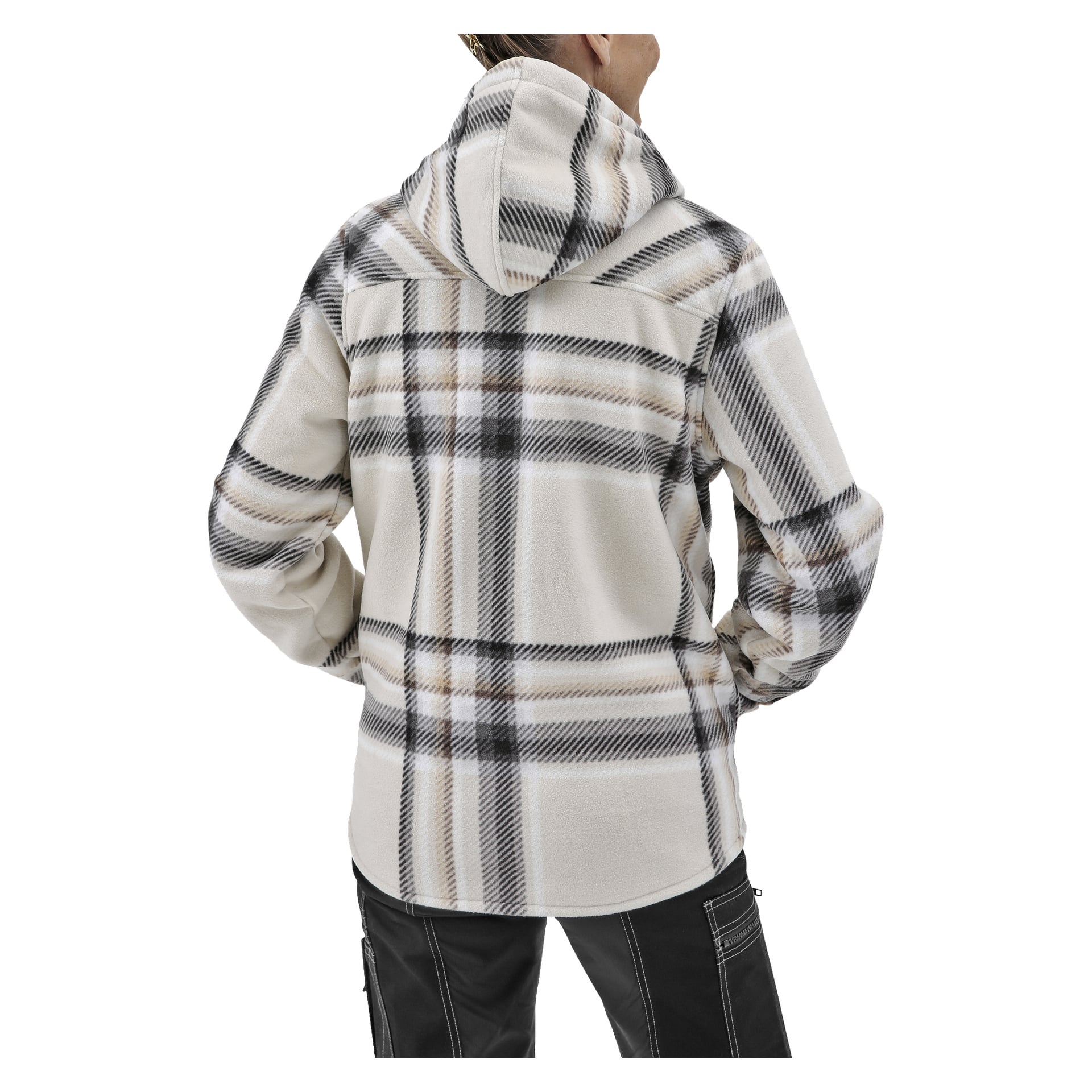 Sett bakifrån bär personen Bluewear Woman's Fleece Jacket Milly, med huva och en beige, vit och svart rutig design. Deras händer är nedstoppade i fickorna och de är klädda i svarta byxor.