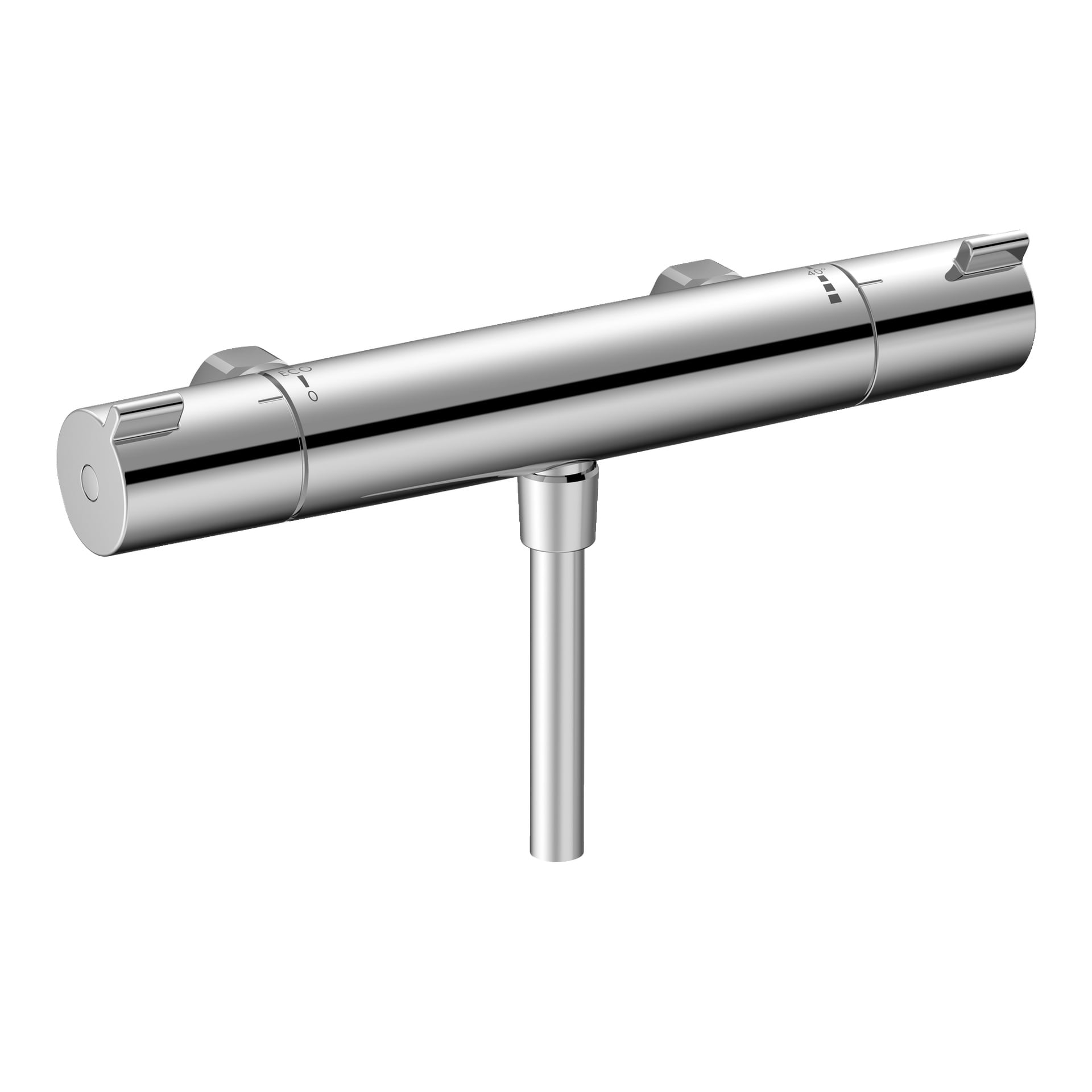 Hans Grohe MyFox veggmontert dusjmikser med kromfinish og horisontal stang, vertikal stikkontakt og temperaturkontrollmerkinger merket ECO og 40.