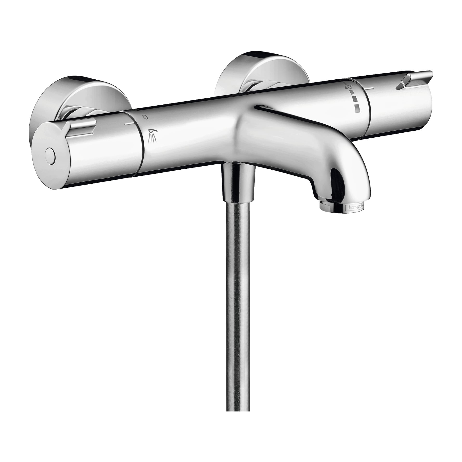 Chrome Hans Grohe rör-/duschmixer MyFox termostatisk duschmixer med två sidorattar och en central krankransrör.