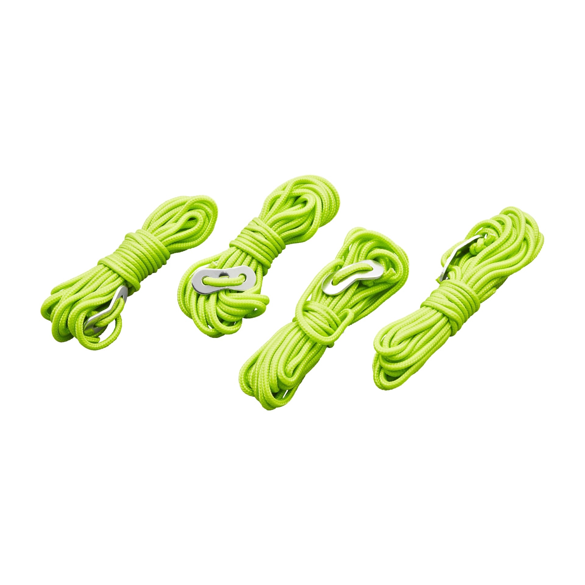 Fire knallgrønne bunter med Kayoba Tent Line 4 Pack, hver sikret med en sølvfeste, er plassert side om side.