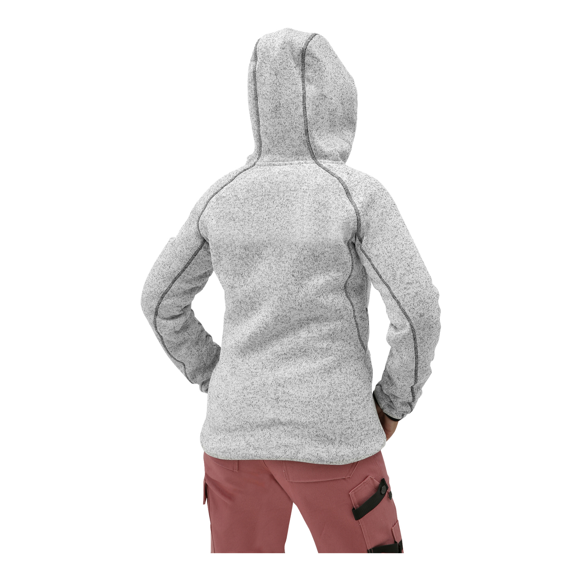 En person står med ryggen til kameraet, hendene på hoftene, iført en Bluewear Knitted fleecejakke for kvinner i grå og rosa bukser med svarte stropper.