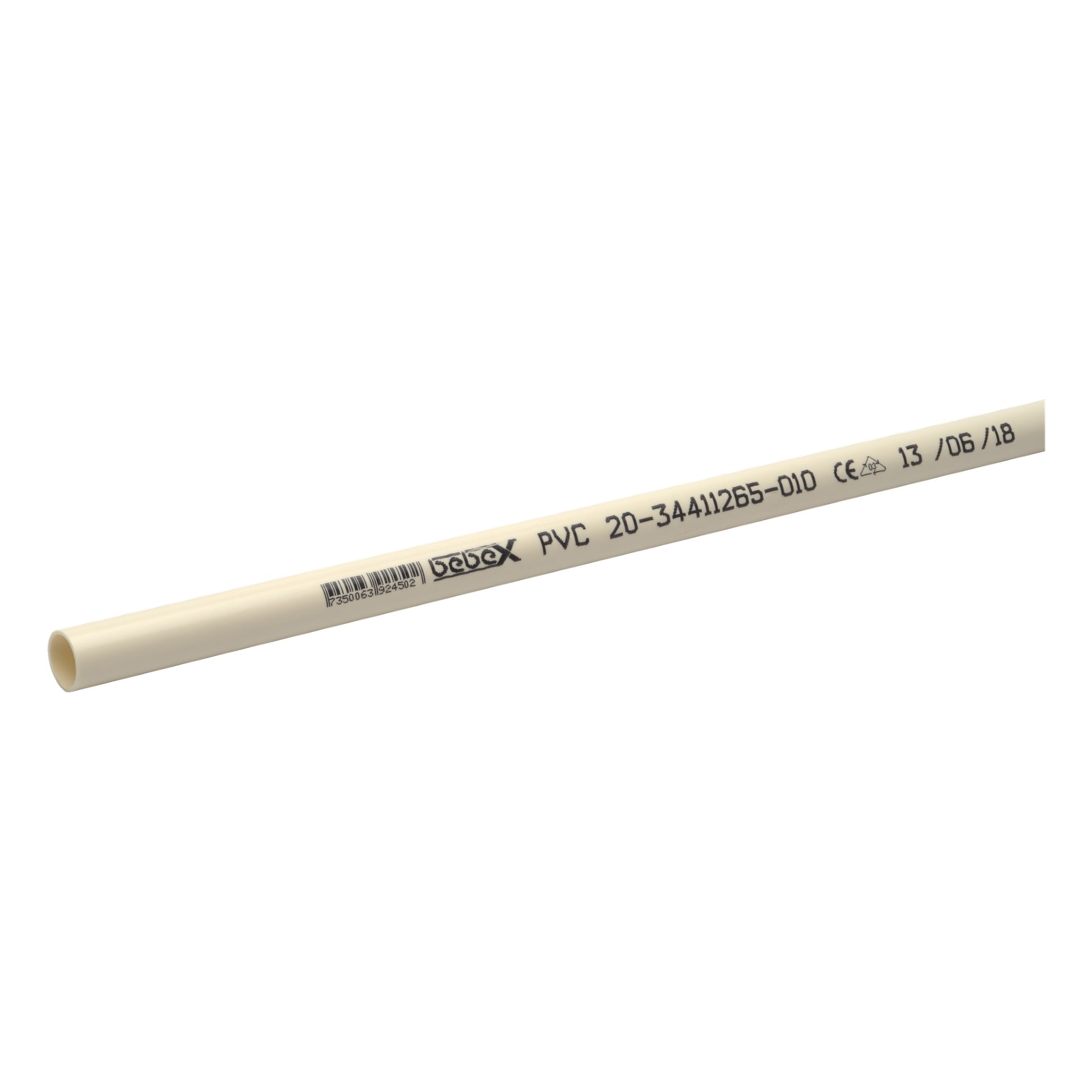Ett beige PM Flex Vinyl-rör sedd i vinkel, med svarttryckta produktdetaljer, återvinningssymboler och en streckkod längs sidan.