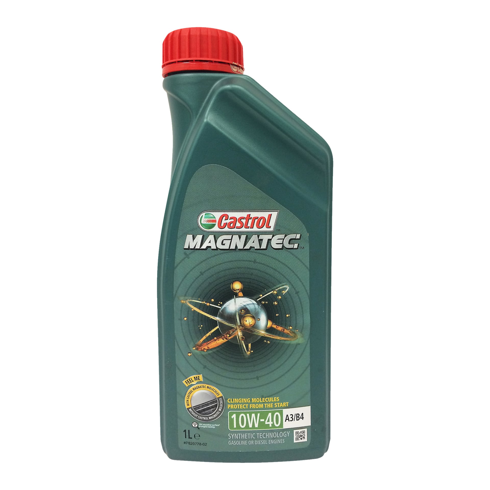 Zielona butelka oleju silnikowego Castrol MAGNATEC o pojemności 1 litra ma logo marki, nazwę produktu oraz molekularny wzór na etykiecie. Zaprojektowany zarówno do silników benzynowych, jak i diesla z technologią syntetyczną.
