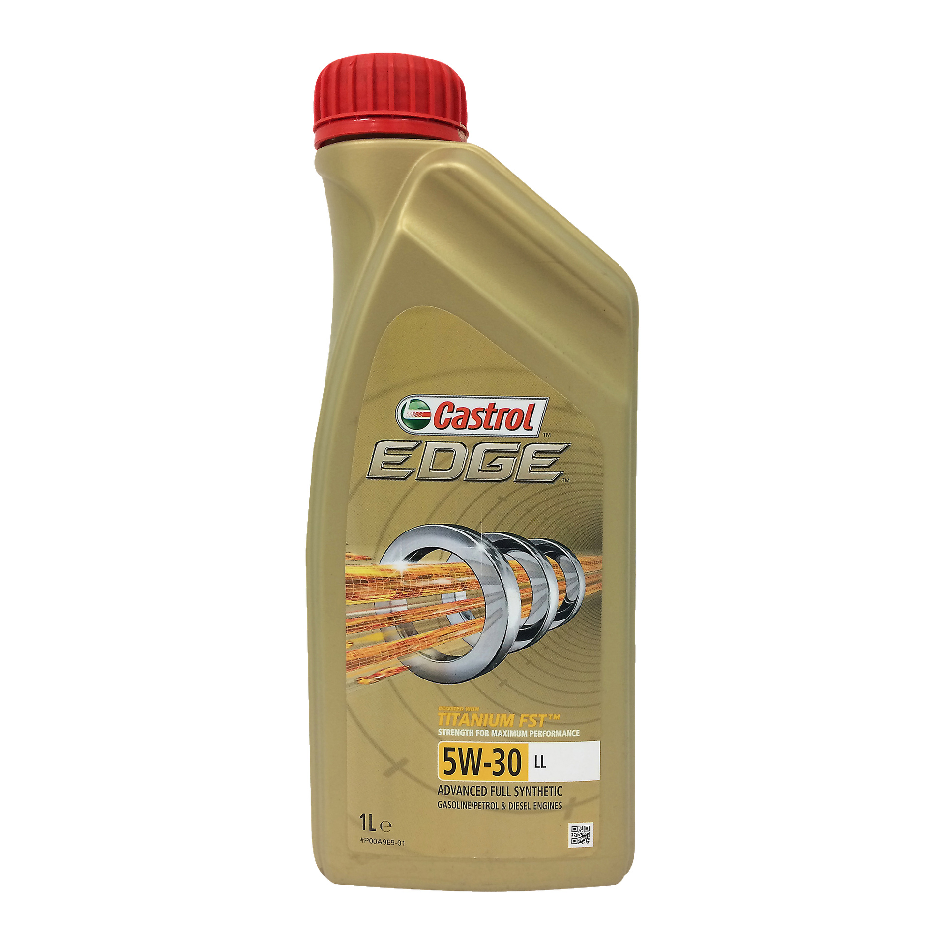 Butelka oleju silnikowego Castrol EDGE 5W-30 LL o pojemności 1 litra z czerwonym nakrętką i złotym korpusem, z metalicznymi okładkami i etykietą produktu z przodu.