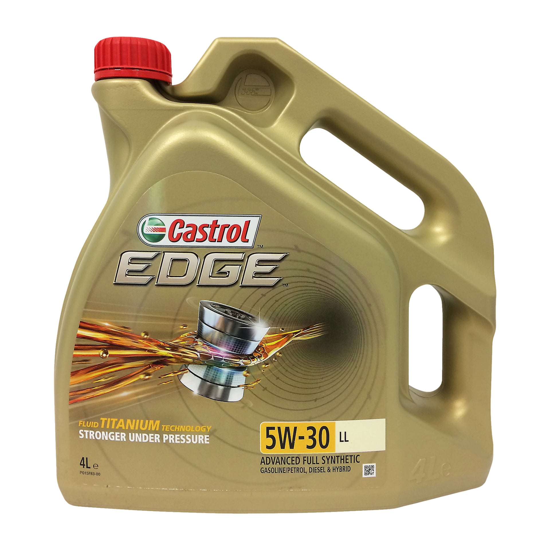 4-litrowy złoty pojemnik na olej silnikowy Castrol EDGE 5W-30 LL, w pełni syntetyczny z uchwytem i czerwoną nakrętką, z etykietą produktu z logo Castrol, specyfikacją oleju oraz ilustracją obracających się metalowych elementów.