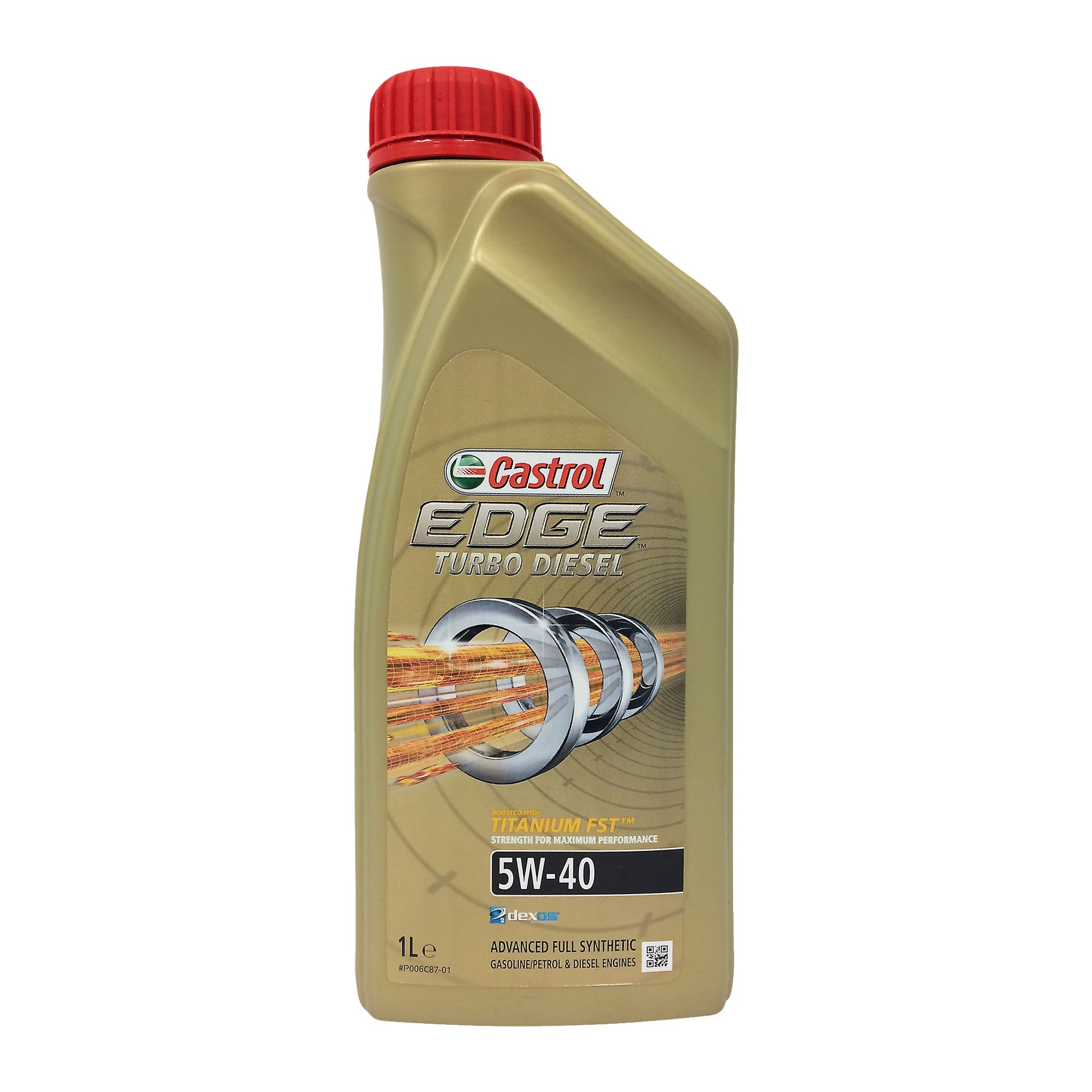 Złota 1-litrowa butelka oleju silnikowego Castrol EDGE Turbo Diesel z czerwoną nakrętką. Etykieta prezentuje metaliczne pierścienie, wyraźne pomarańczowe pasy energetyczne oraz podkreśla technologię tytanu dostosowaną do silników diesla.