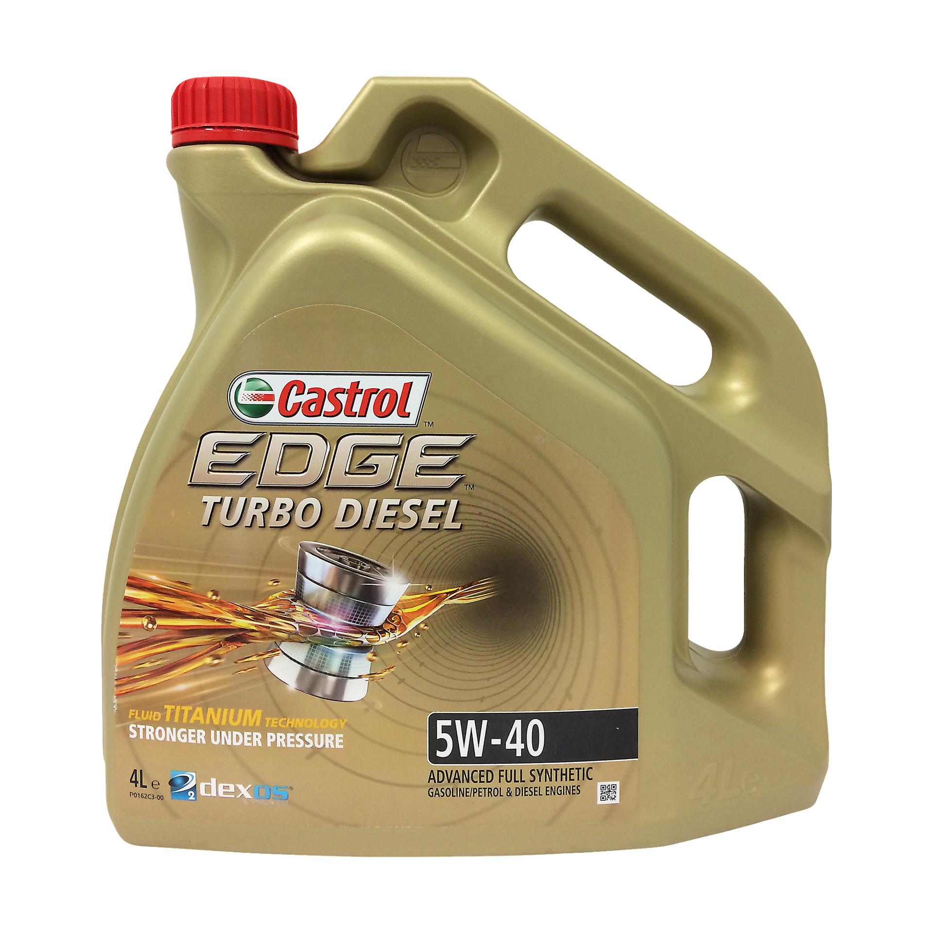 Złota butelka 4-litrowa z czerwoną nakrętką oznaczona Castrol EDGE Turbo Diesel, z oznaką 5W-40 jako zaawansowany w pełni syntetyczny olej silnikowy z aprobatą dexos2, przeznaczona do zastosowań w silnikach benzynowych i diesla.